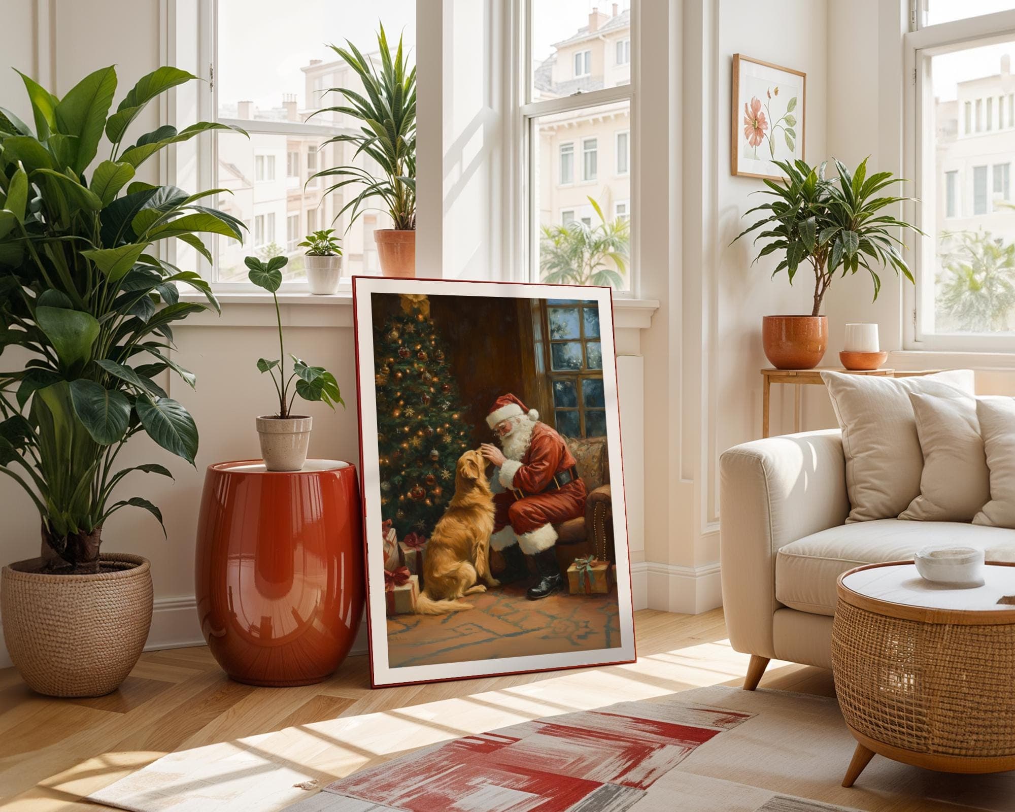 Santa and Golden Retriever - Cozy Christmas Wall Art Print, Warm Holiday Wall Art Print, Golden Retriever Christmas Art, Digital Download - view 7