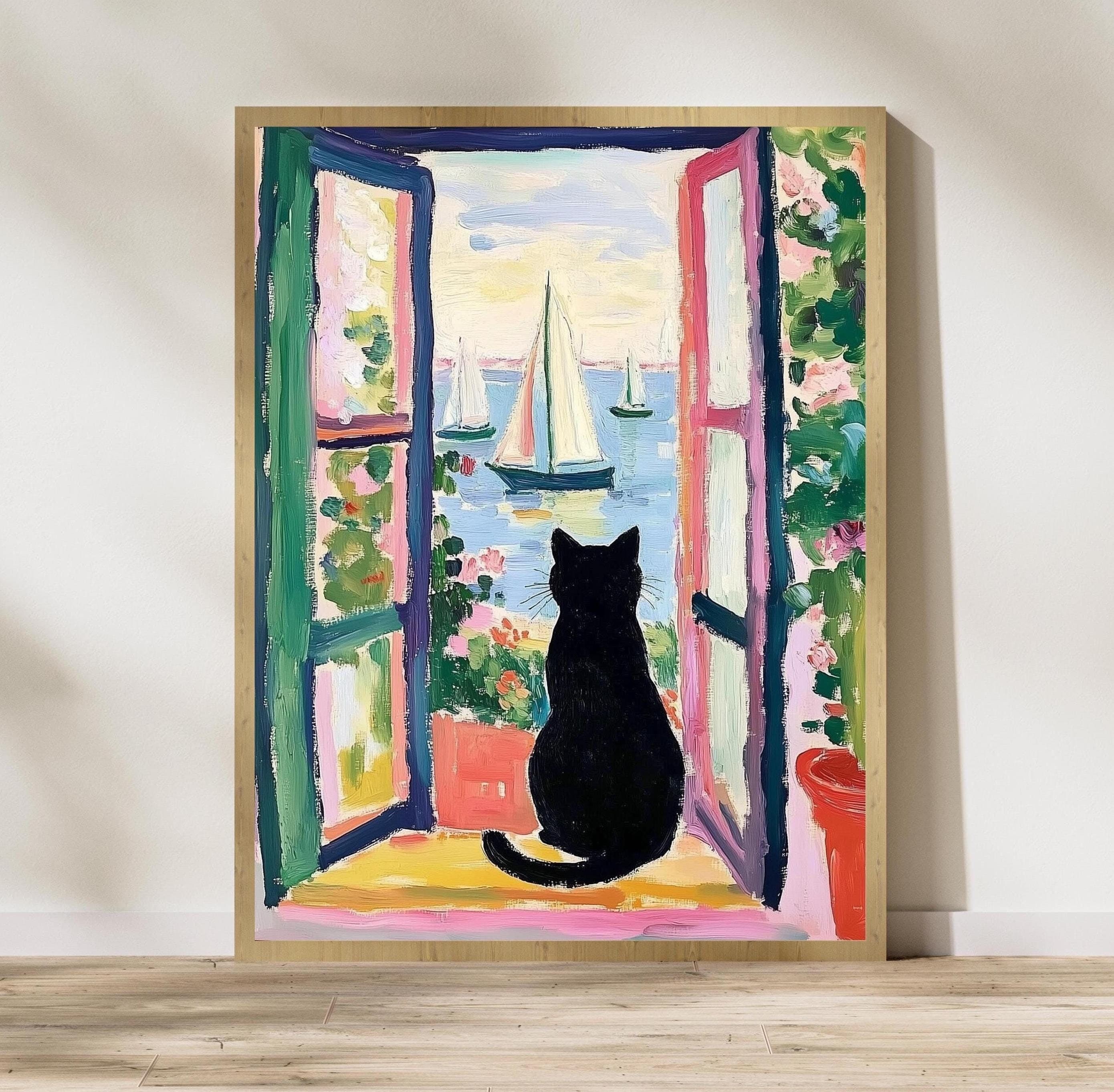 Black Cat by the Sea Poster, Colorful Oil Painting Print, Colorful Wall Decor, Matisse Oil Painting Poster, Whimsical Cat & Sailboats Art