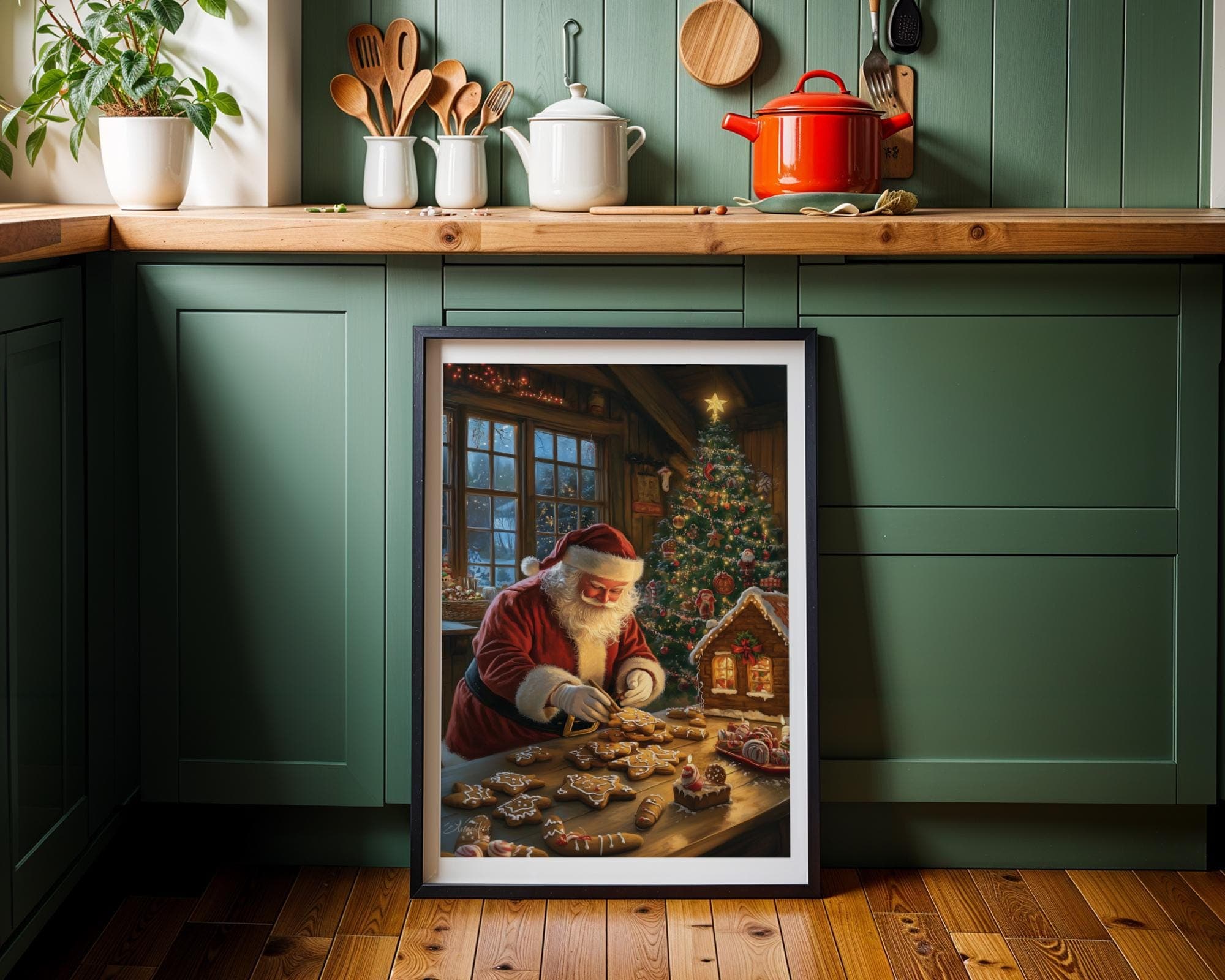 Christmas Gingerbread House and Santa Art Print, Vintage Cozy Christmas Wall Art Print, Printable Kitchen Home Decor, Digital Download - view 5