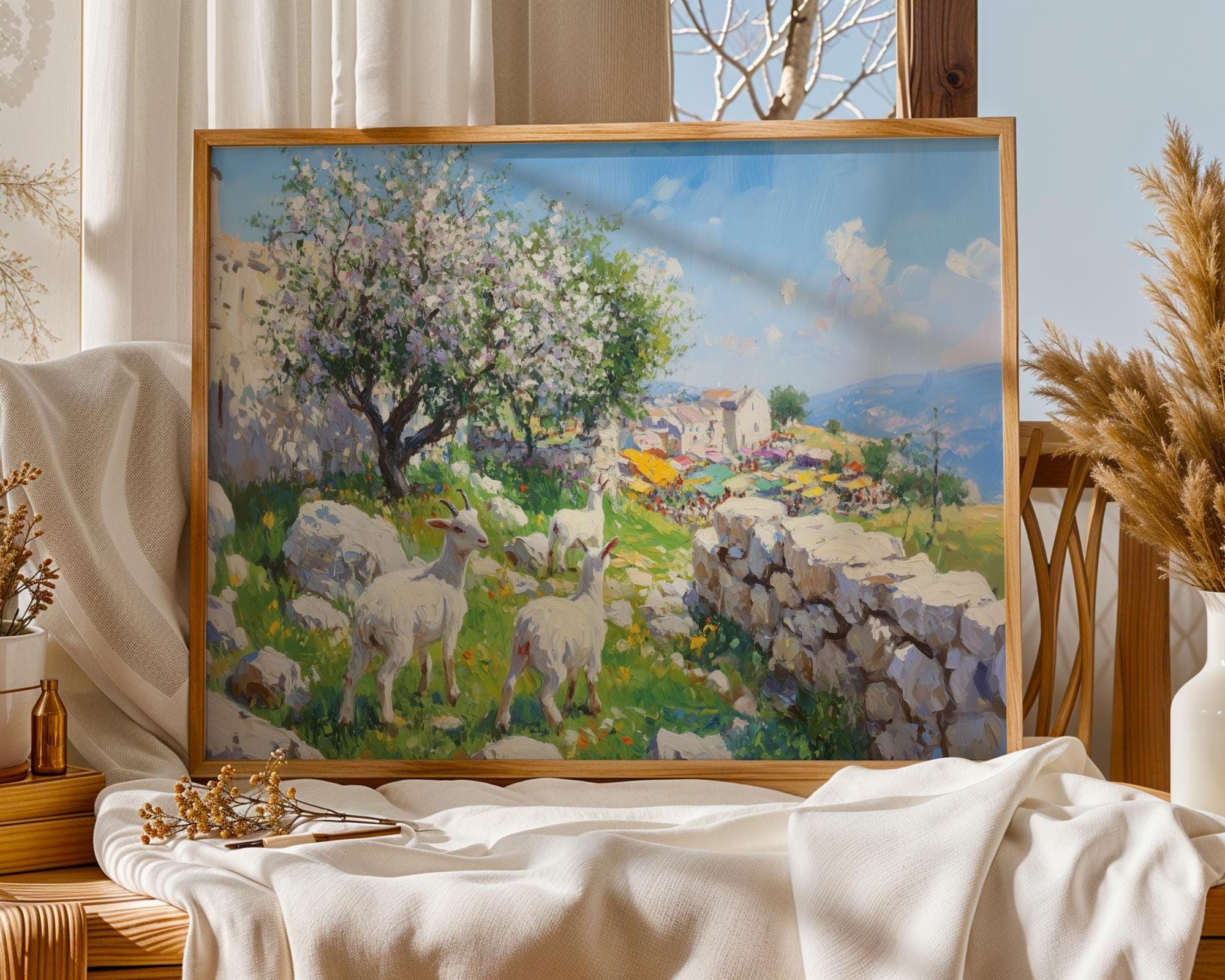 Spring Goat Pasture Wall Art Print, Mediterranean Village Market Landscape Painting, Blooming Tree Countryside Decor, Blooming Orchard Print