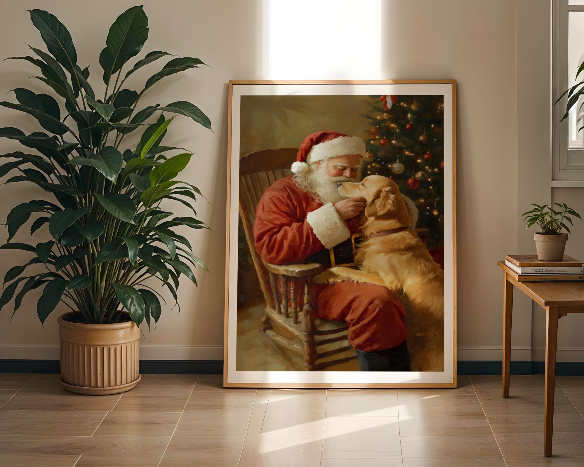 Santa Claus with Golden Retriever - Heartwarming Christmas Wall Art Print, Heartwarming Holiday Art, Cozy Vintage Christmas Wall Art - view 7