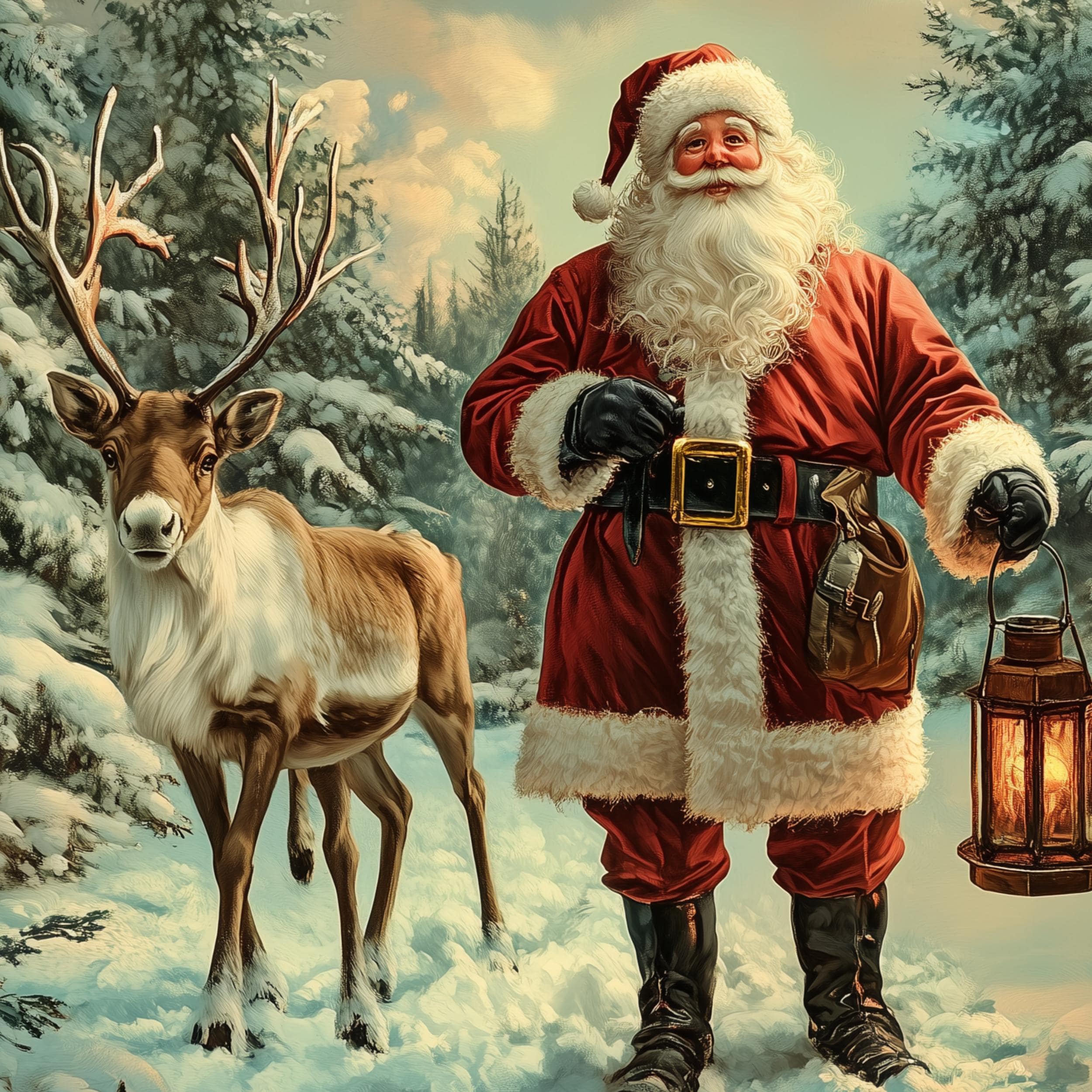 Santa Claus and Reindeer in a Snowy Forest - Winter Christmas Wall Art Print, Nostalgic Christmas Wall Decor, Christmas Wall Art, Santa Art - view 2