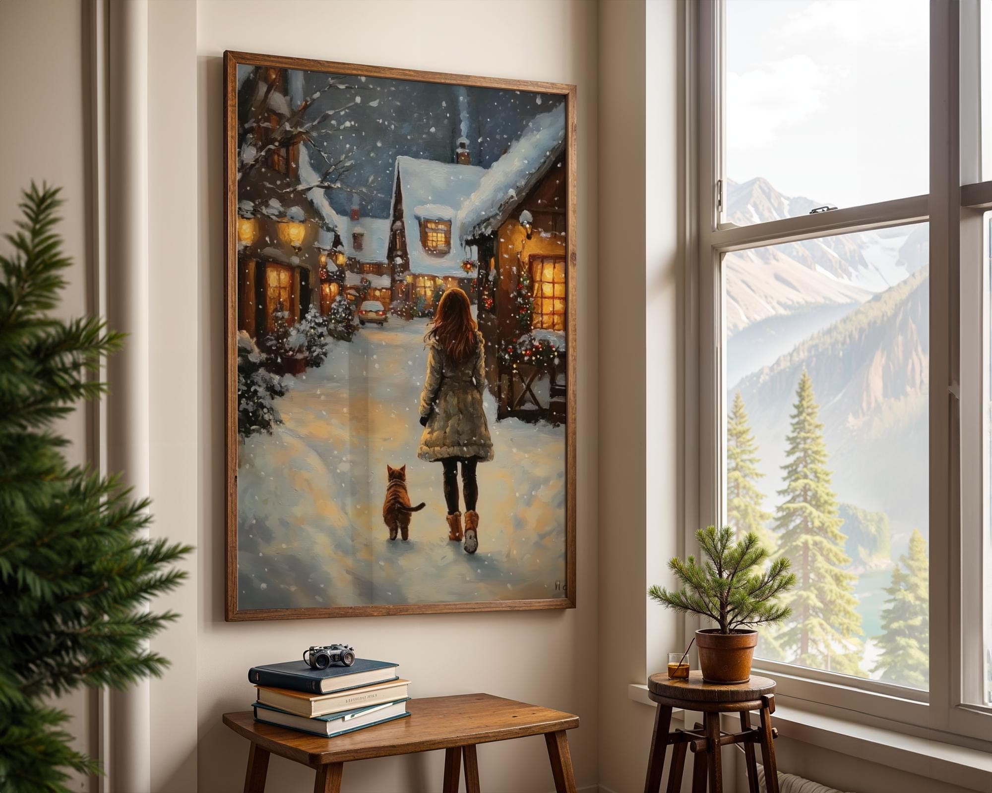 Christmas Woman and Cat Walking in the Snow Poster, Girl and Cat Print, Holiday Cat Lover Gift Wall Art, Festive Home Decor, Digital Art - view 3