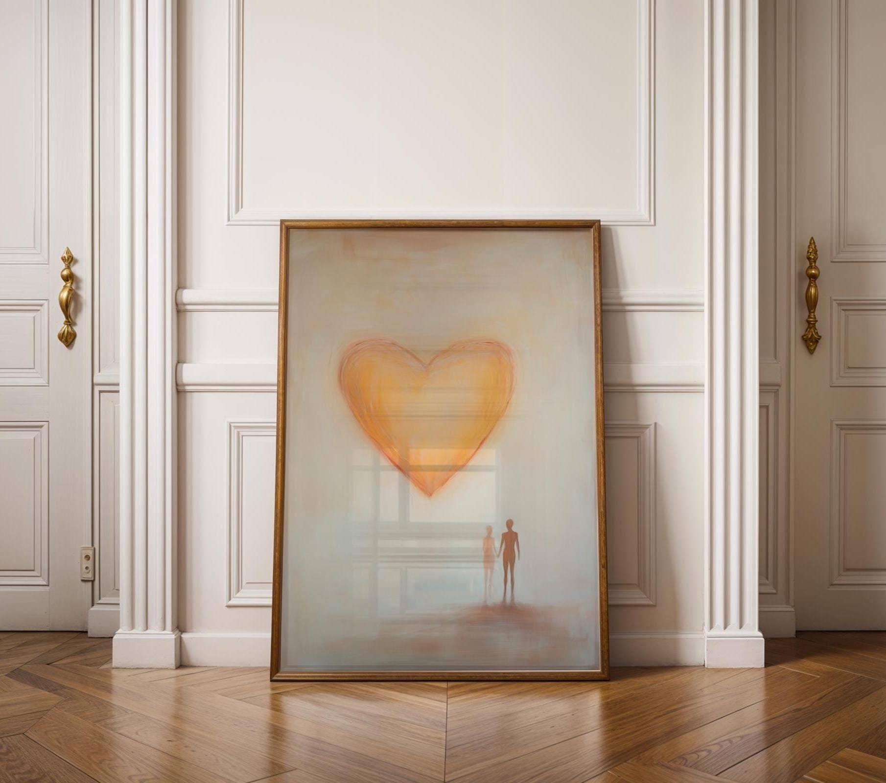 Golden Yellow Heart Painting, Minimalist Romantic Decor, Romantic Heart Art, Warm Bedroom Wall Decor, Digital Heart Art, Valentines Wall Art