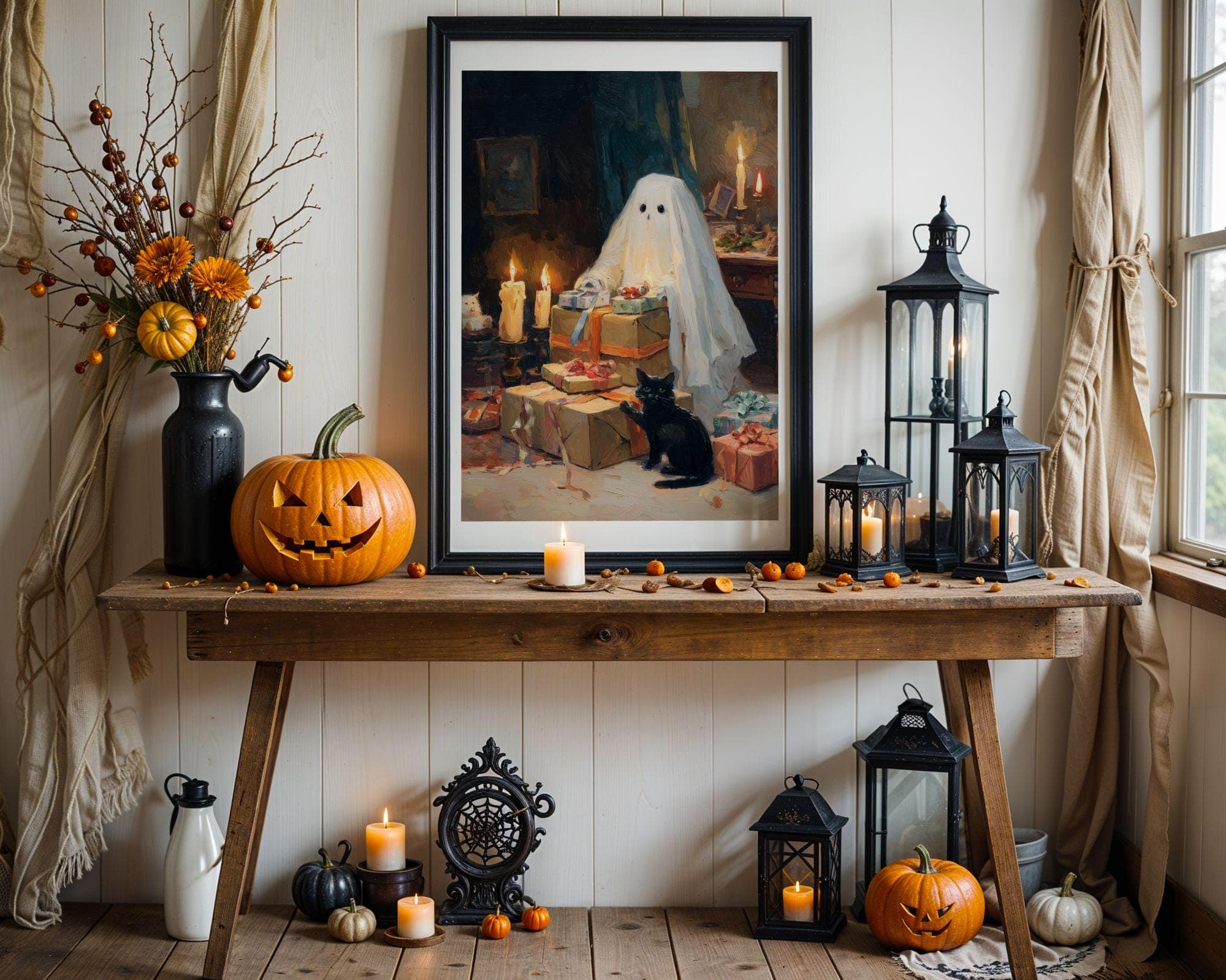 Ghost Christmas Art Print, Spooky Christmas Ghost and Black Cat Wall Art Print, Vintage Ghost Christmas, Christmas Ghost Painting, Black Cat - view 4