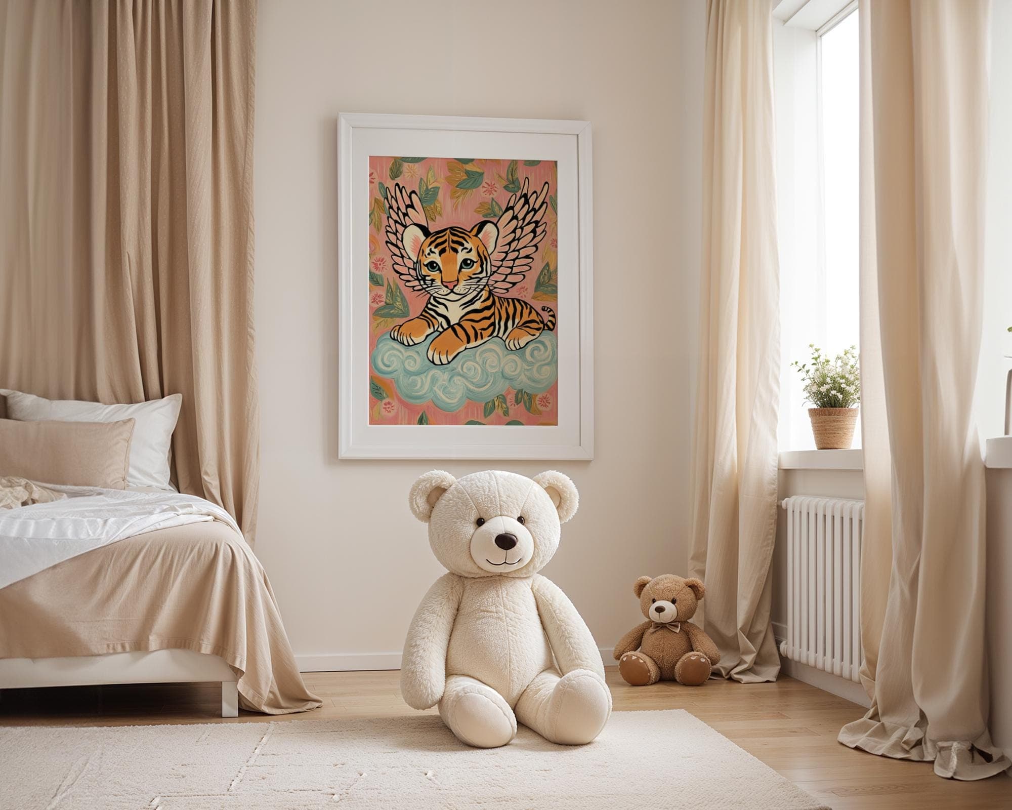 Winged Tiger Wall Art, Whimsical Pink Nursery Decor, Pink and Blue Nursery Art, Angelic Tiger Wall Art, Kids Room Tiger Wall Art, Baby Tiger - view 6
