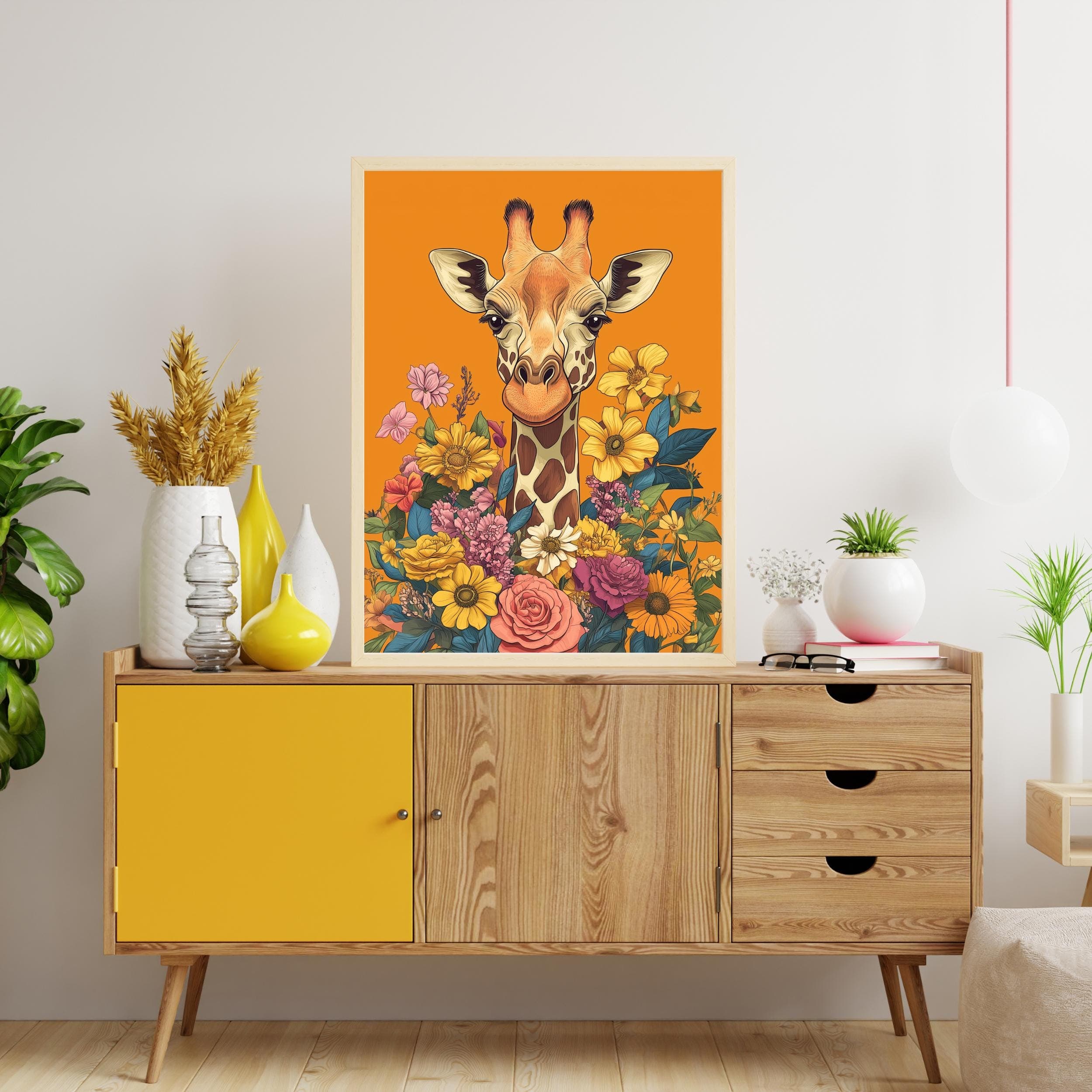 Printable Giraffe Wall Art, Eclectic Giraffe Art Print, Maximalist Home Decor, Giraffe Art, Botanical Giraffe Paint, Orange Giraffe Wall Art - view 4