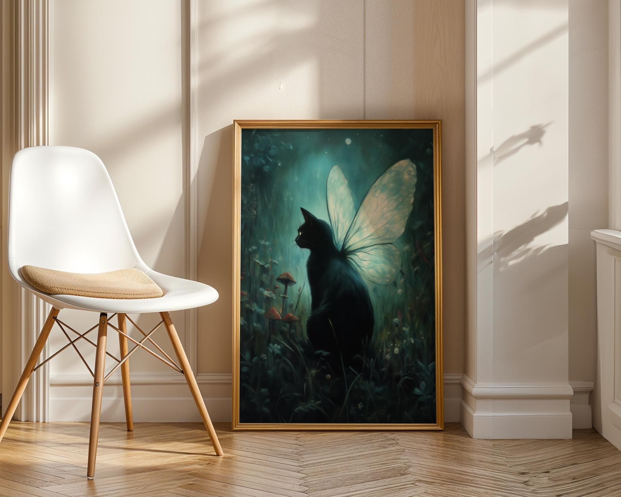 Mystical Black Cat Fairy Wall Art, Dark Forest Fantasy Print, Magical Gothic Home Decor, Whimsical Black Cat Art, Dark Fantasy Cat Art Print - view 7