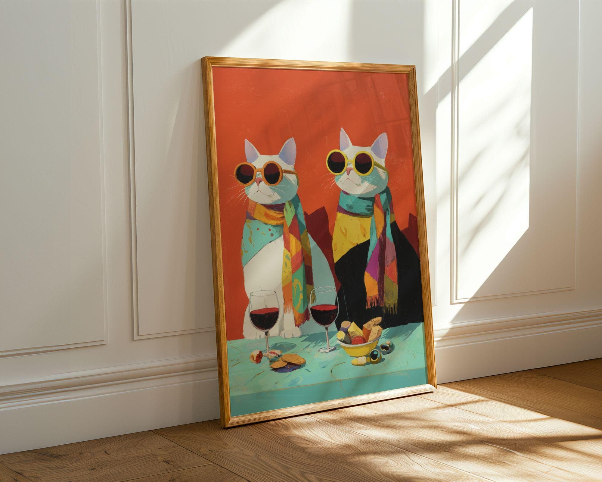 Funny Cat Couple Wine Wall Art, Modern Cat Couple Wall Decor, Quirky Cat Kitchen Wall Art, Funky Cats Kitchen Decor, Hipster Cats Wine Art - view 2