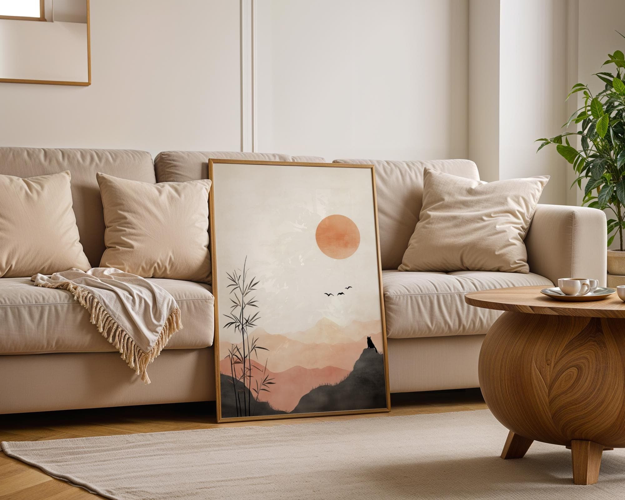 Minimalist Japanese Sunset Wall Art, Bamboo and Cat Silhouette Wall Decor, Wabi Sabi Wall Art, Japandi Digital Wall Art, Zen Wall Art - view 3