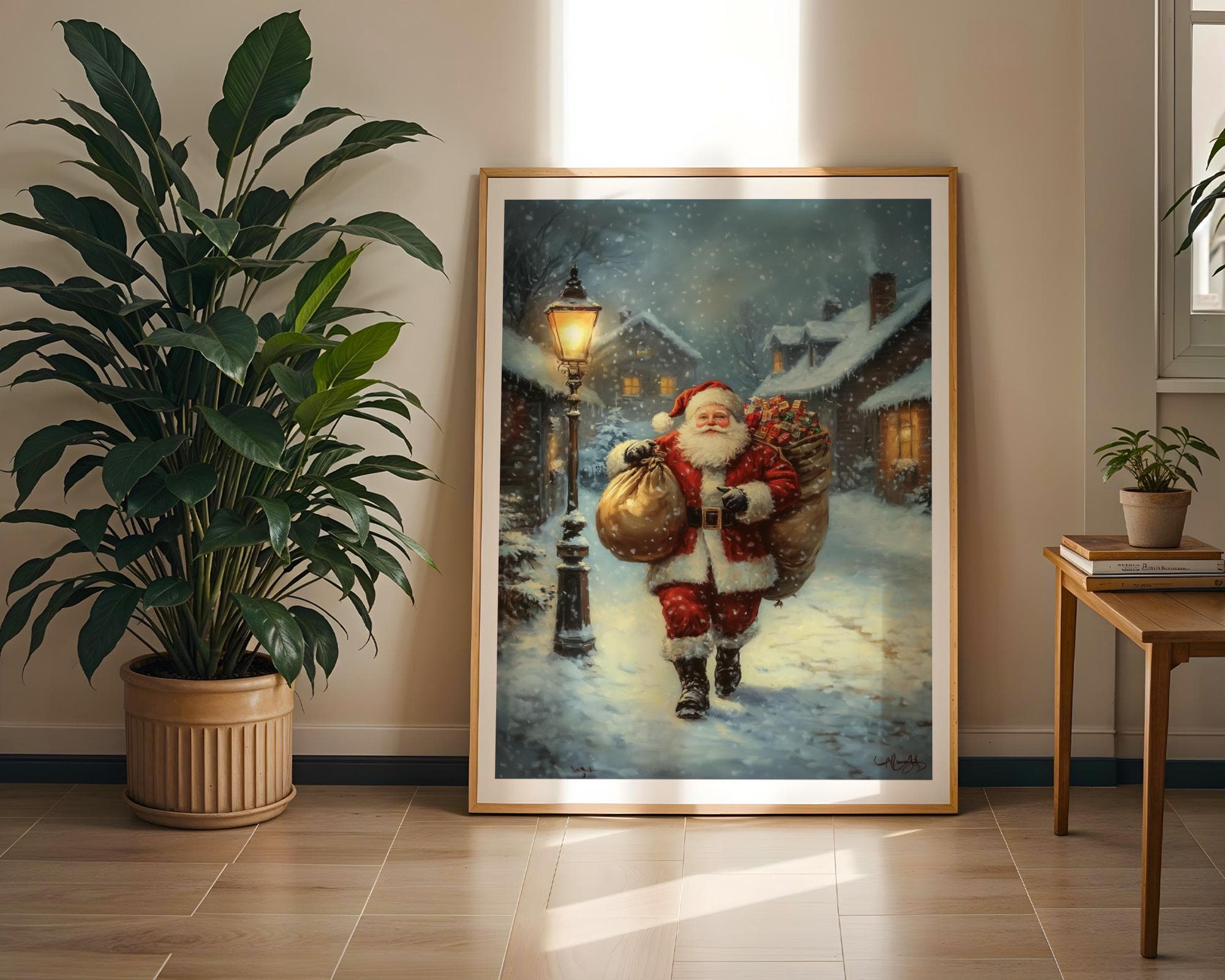 Santa Claus Wall Art, Vintage Christmas Santa Claus Canvas, Digital Download, Holiday Wall Art, Cozy Snow Wall Art, Classic Santa Painting - view 3