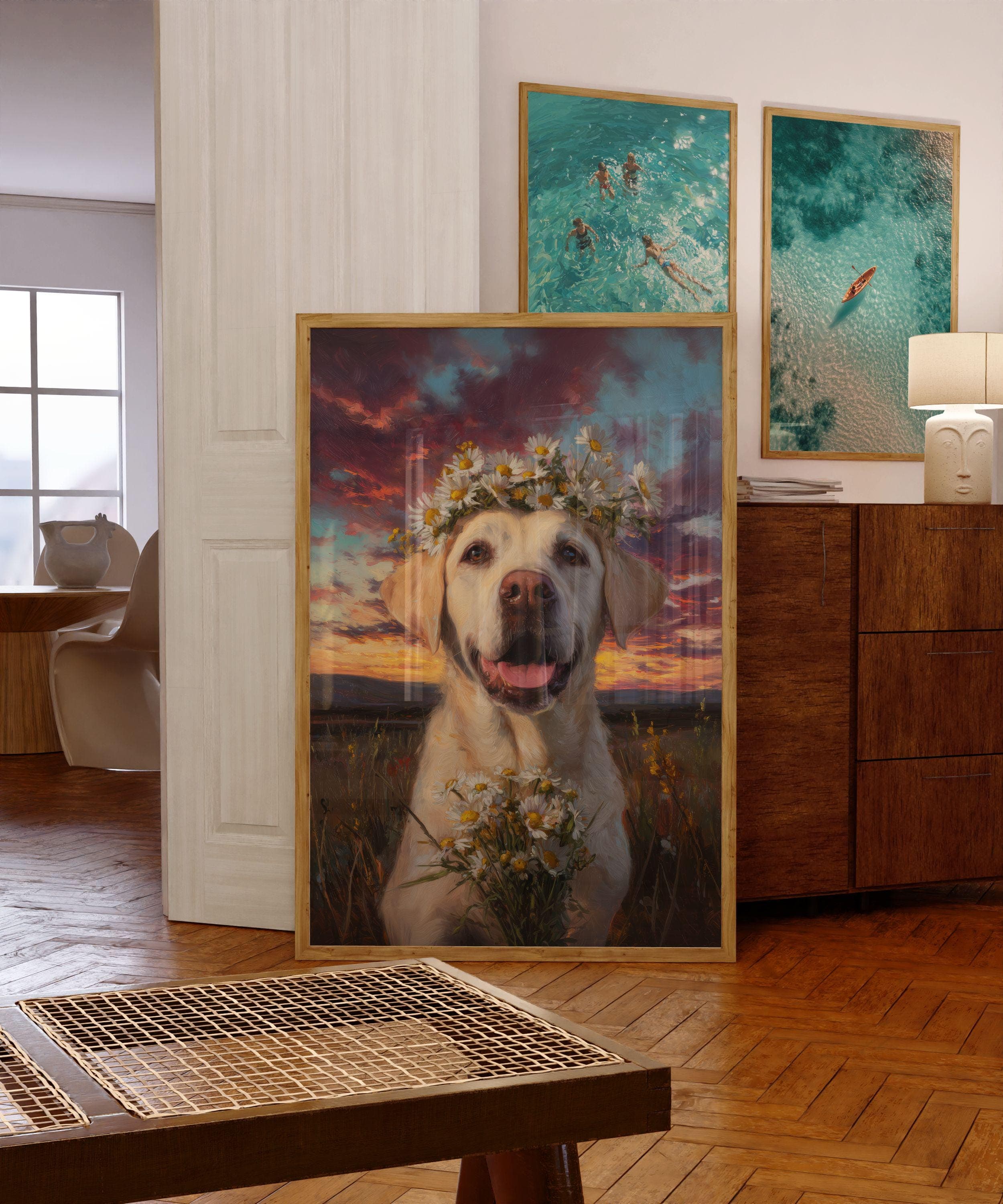 Labrador Wall Art Daisy Crown Dog Painting, Labrador Dog Wall Art Print, Floral Dog Painting, Yellow Lab Portrait, Sunset Field Art