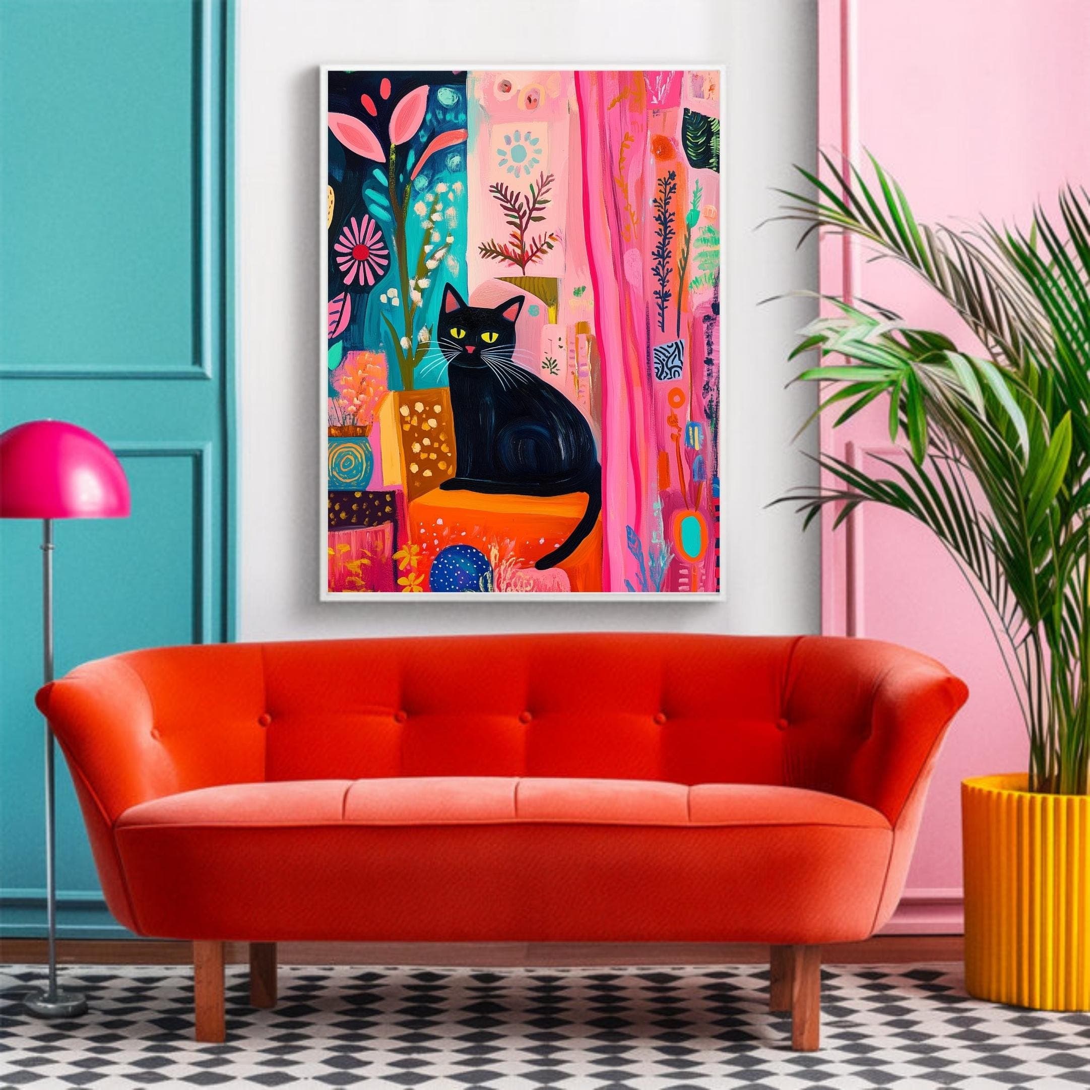 Black Cat with Bright Florals Poster,  Pink and Teal Art Print, Colorful Black Cat Art, Preppy Room Decor, Abstract Black Cat Poster - view 4