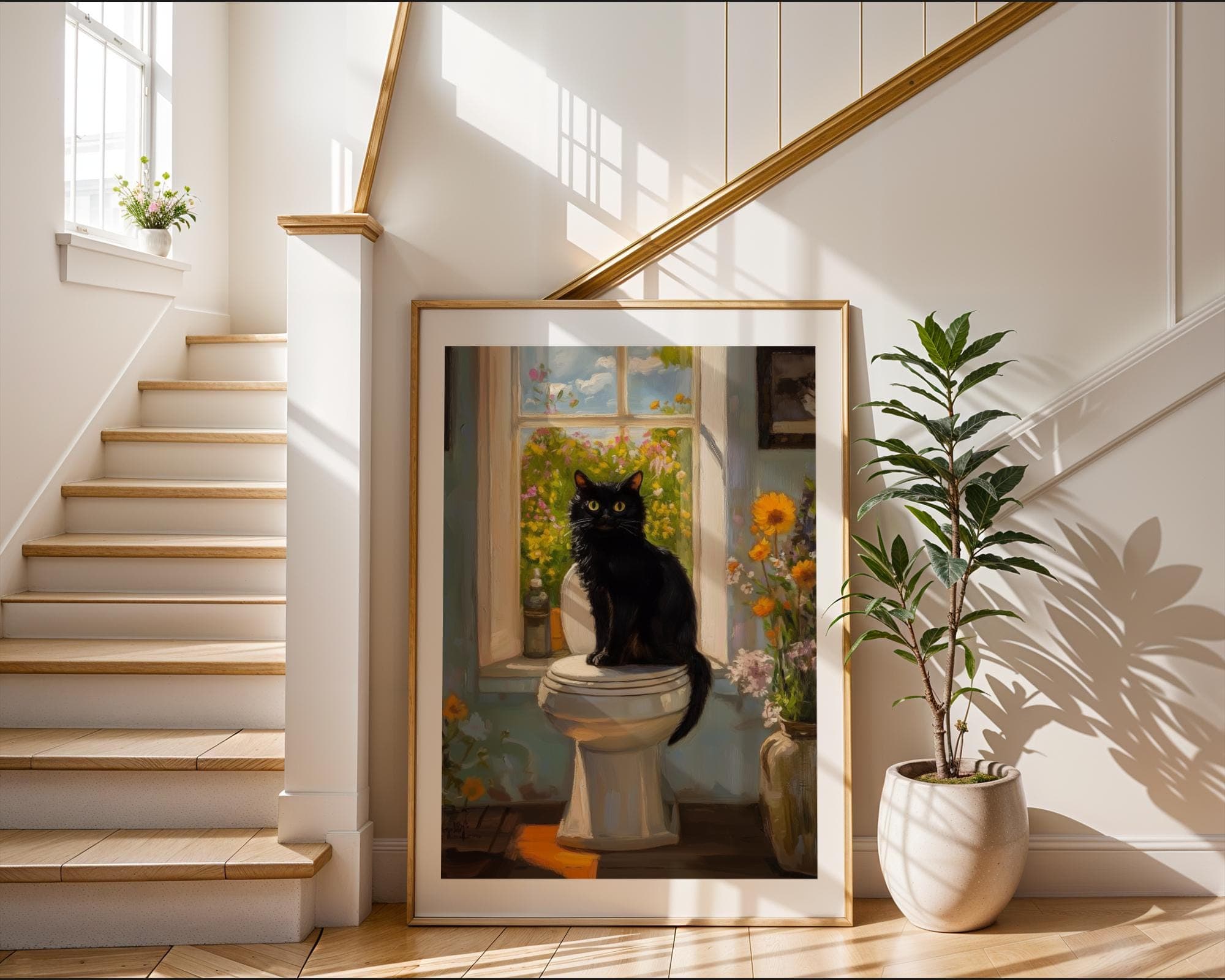 Vintage Black Cat on Toilet, Black Cat Oil Painting, Bathroom Cat Print, Funny Posters, Funny Bathroom Wall Decor, Quirky Cat Poster - view 3
