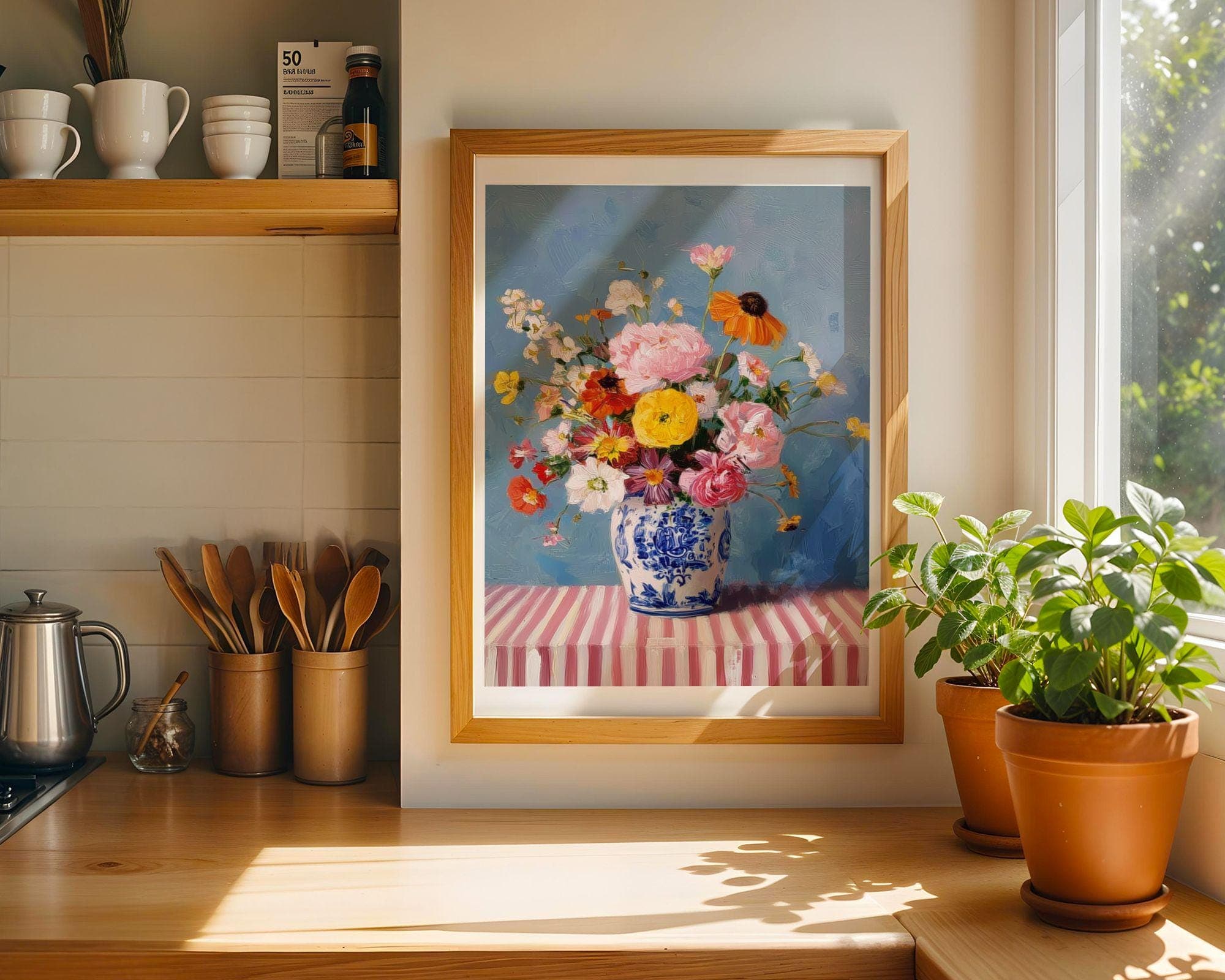 Floral Wall Art Still Life – Colorful Bouquet in Blue Vase, Pastel Kitchen Decor, Colorful Floral Oil Painting, Flower Oil Painting - view 3