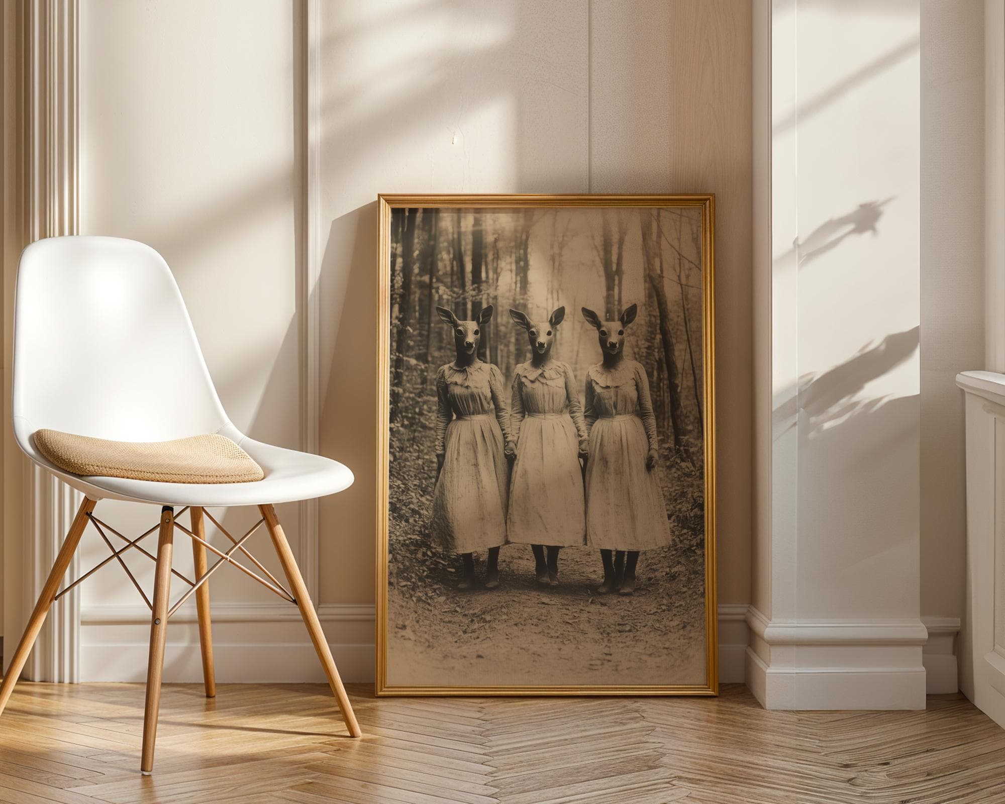Vintage Surreal Deer Mask Women Wall Art – Spooky Forest Print, Surreal Wall Art, Spooky Surreal Wall Decor, Gothy Sepia Fantasy Wall Decor - view 4
