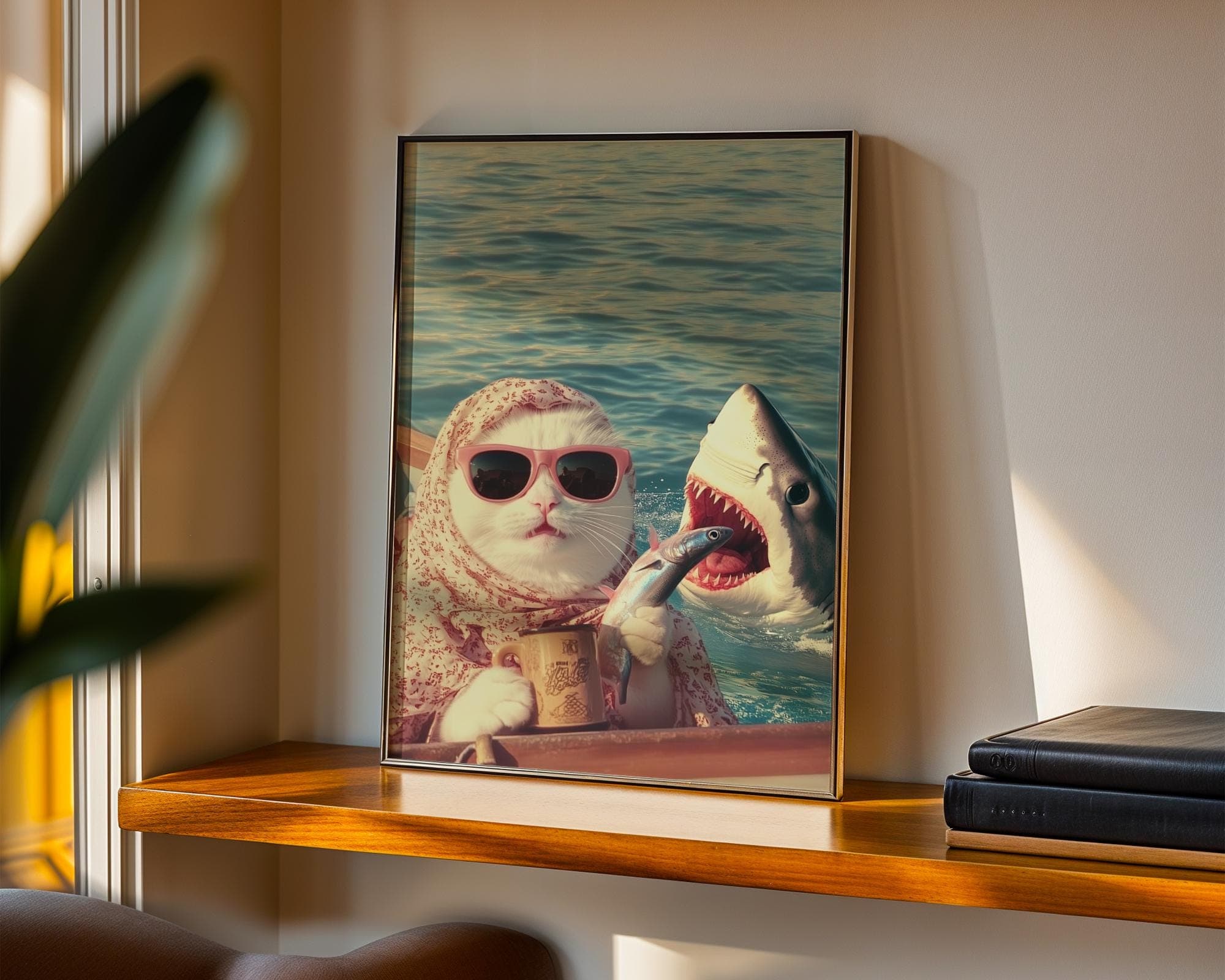 Funny Cat and Shark Wall Art, Funny Animal Art, Quirky Art Print, Quirky Cat Poster, Maximalist Cat Wall Art, Humorous Poster, Digital Art - view 2