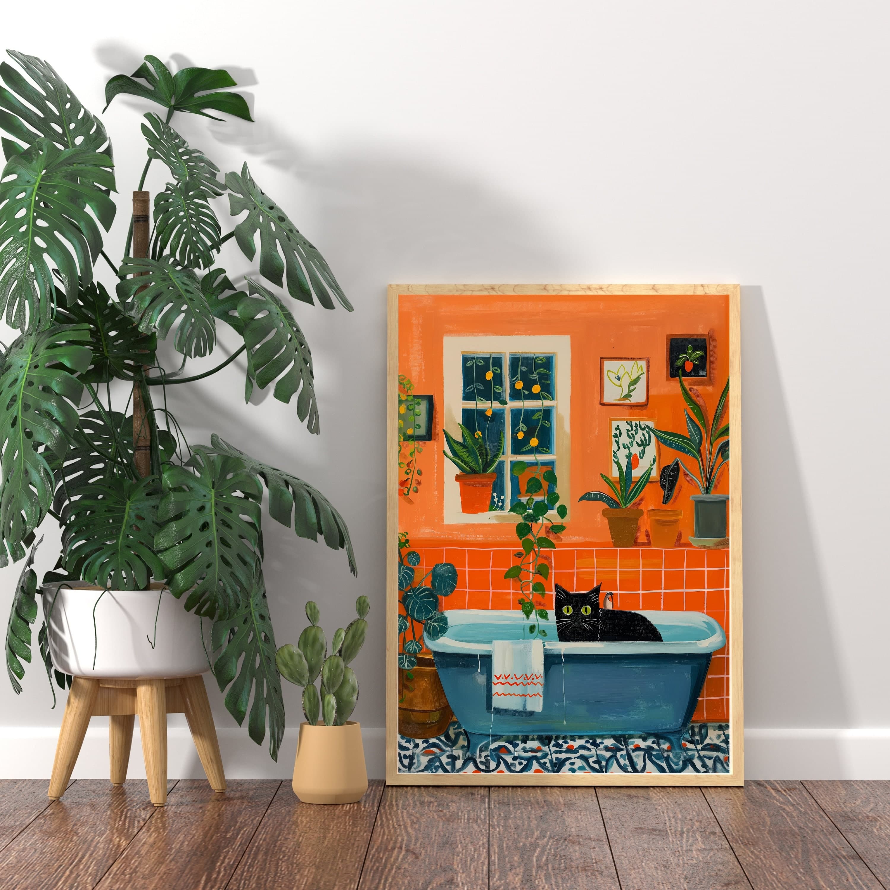 Bath Cat Print Funny, Orange Painting Poster, Animal Wall Art, Digital Wall Art, Bathtube Wall Art, Cat in Bathroom Art, Maximalist Cat Art - view 3