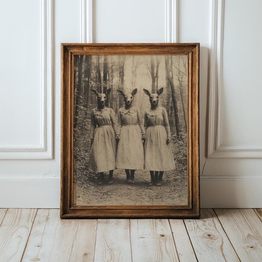 Vintage Surreal Deer Mask Women Wall Art – Spooky Forest Print, Surreal Wall Art, Spooky Surreal Wall Decor, Gothy Sepia Fantasy Wall Decor