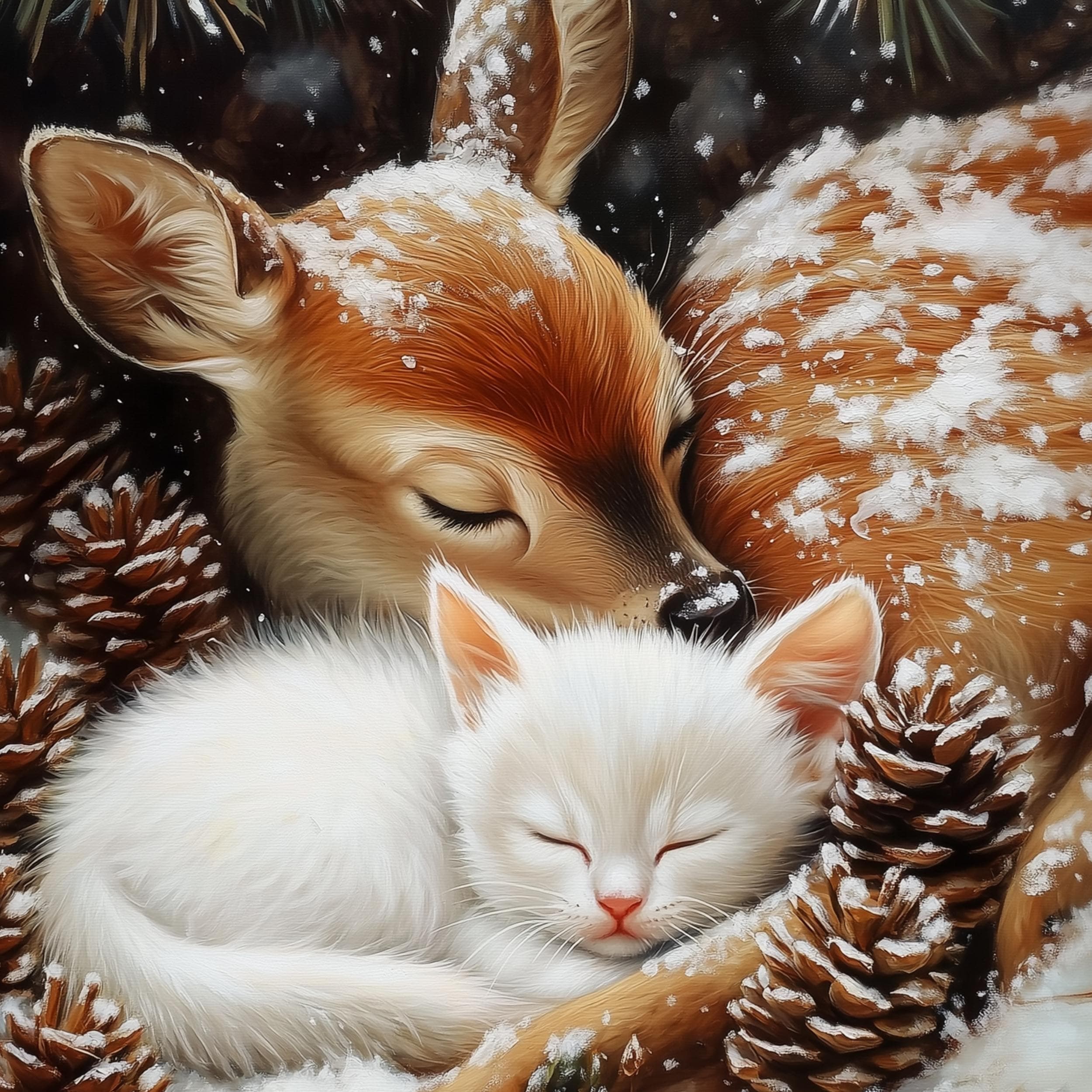 Fawn and White Cat Christmas Poster, Baby Deer and Kitten Xmas Cat Wall Art, Winter Animal Wall Decor, Farmhouse Holiday Decor, Digital Art - view 2
