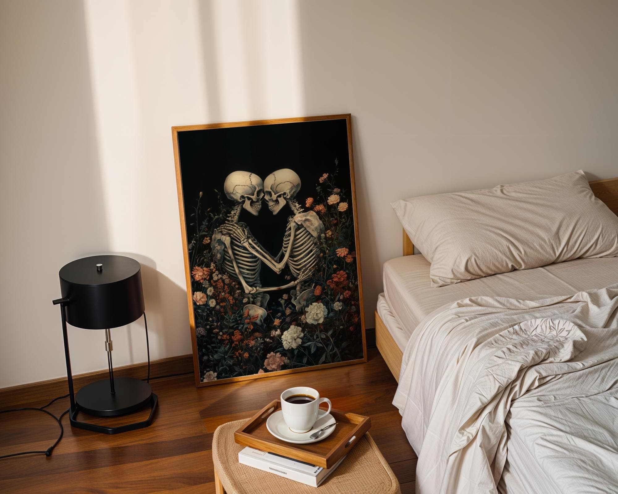 Floral Skeleton Embrace Print – Gothic Love Wall Art, Skeleton Couple Wall Art, Vintage Floral Gothic Romance Print, Floral Skeleton Poster - view 2
