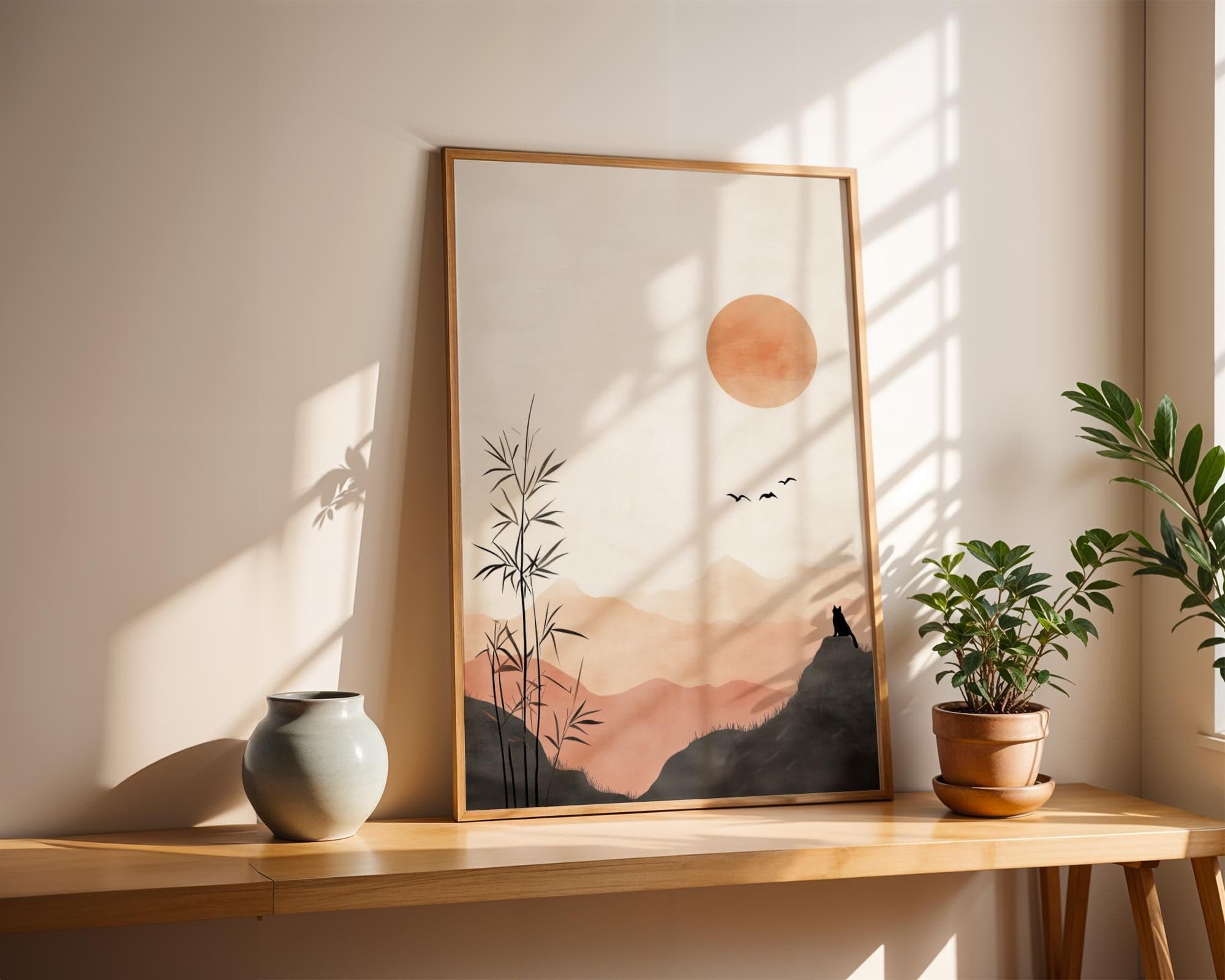 Minimalist Japanese Sunset Wall Art, Bamboo and Cat Silhouette Wall Decor, Wabi Sabi Wall Art, Japandi Digital Wall Art, Zen Wall Art - view 4