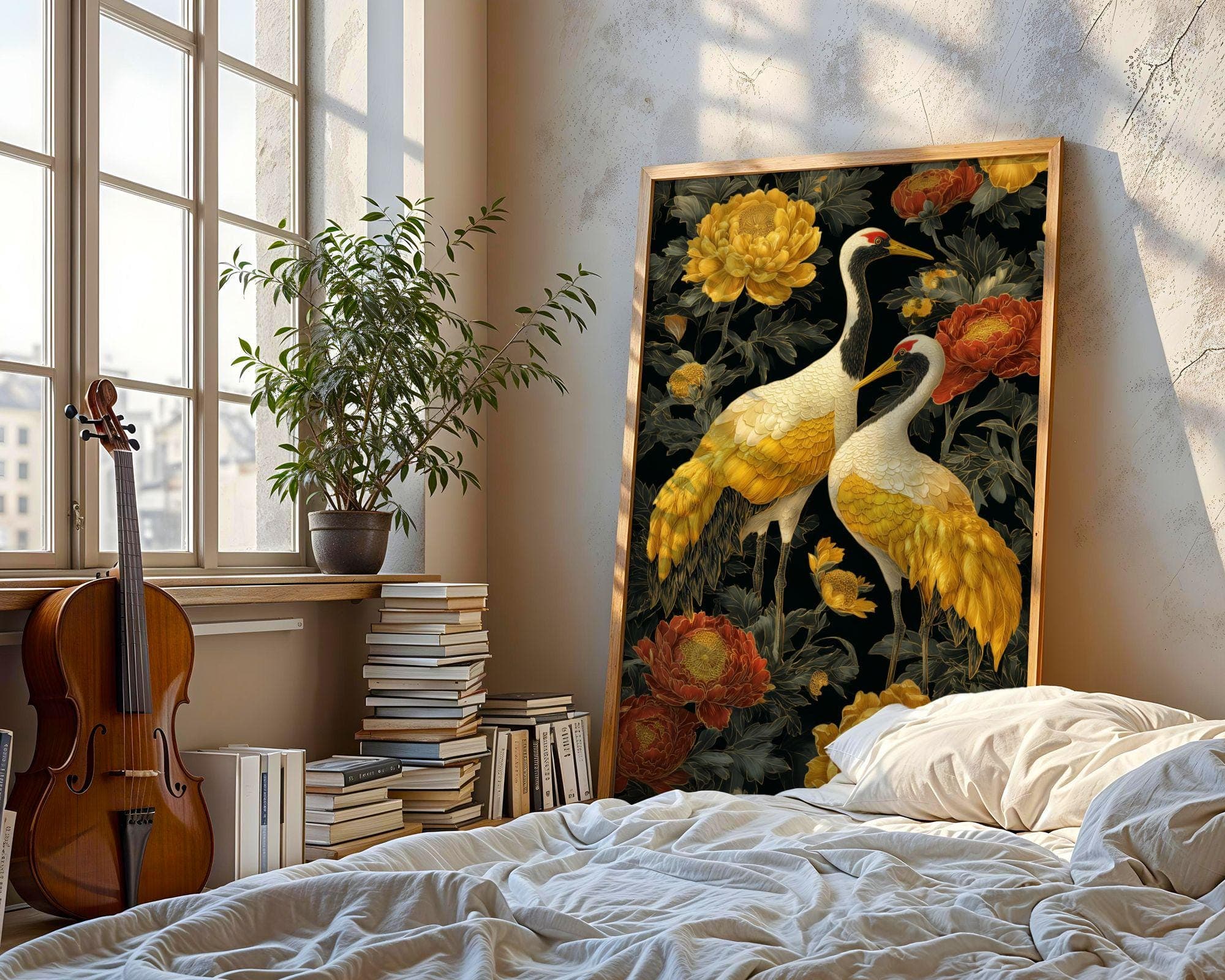 Gold Crane Wall Art Black Floral Painting, Japanese Crane Wall Art, Gold Bird Painting, Oriental Floral Artwork, Asian Decor Print - view 4