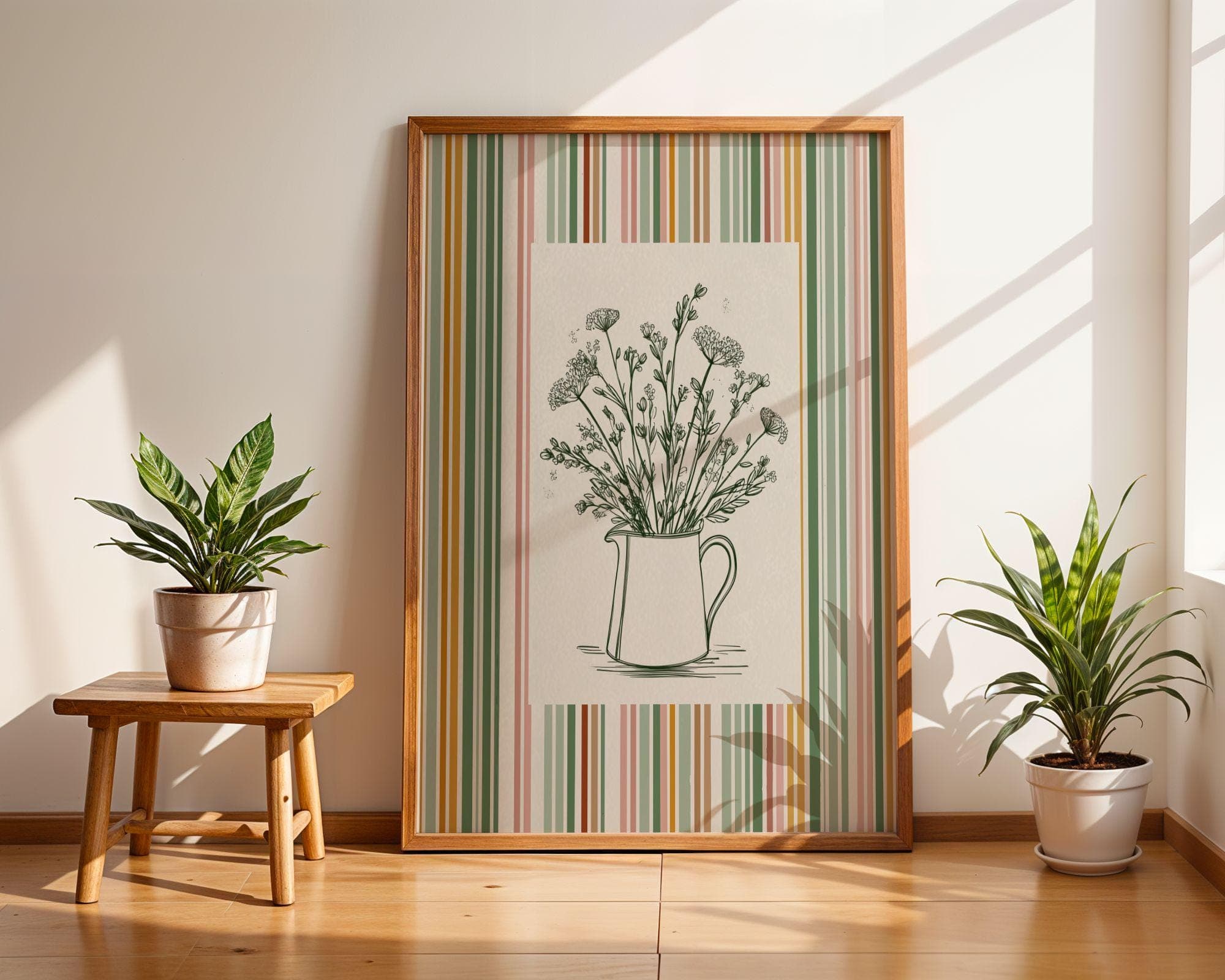 Minimal Botanical Line Art, Scandinavian Flower Poster, Retro Floral Wall Print, Scandinavian Kitchen Decor, Green and Pink Wall Art - view 6