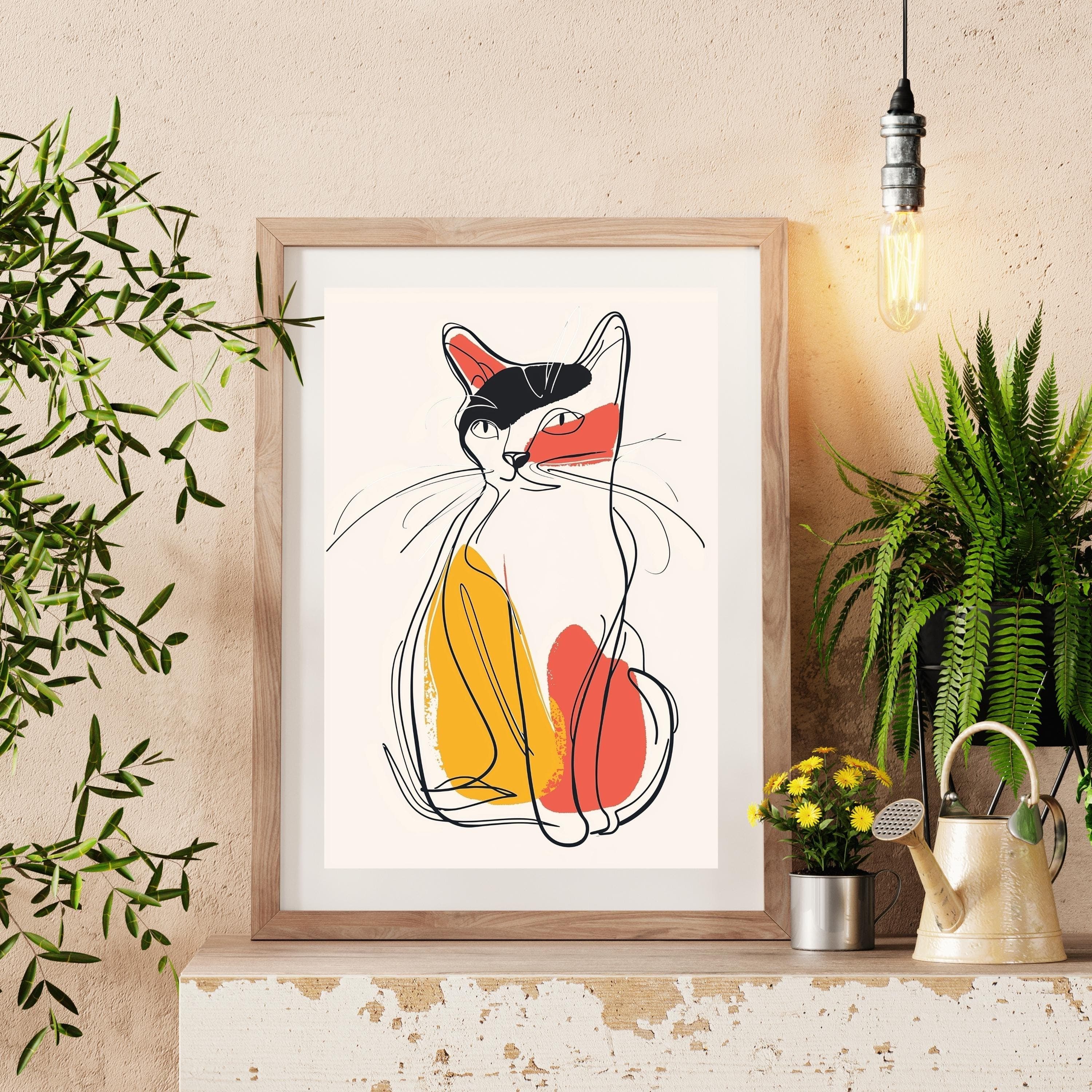 Abstract Cat Poster, Abstract Yellow and Red Cat Illustration, Minimalist Wall Decor, Whimsical Cat Art Print, Minimalist Cat Wall Decor - view 4