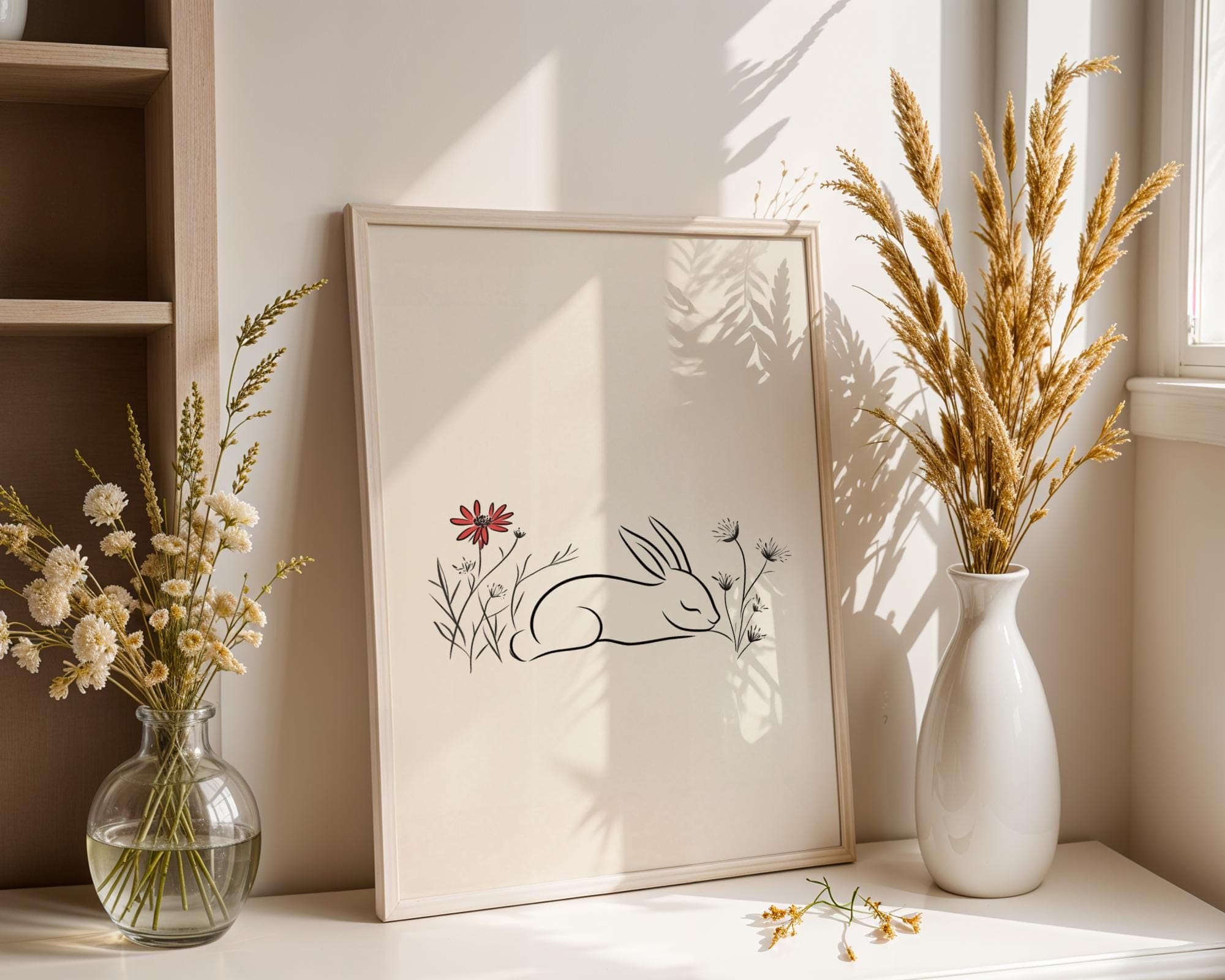 Minimalist Rabbit Wall Art, Scandinavian Animal Print, Minimalist Baby Room Art, Botanical Line Art Rabbit, Beige Botanical Wall Art - view 4