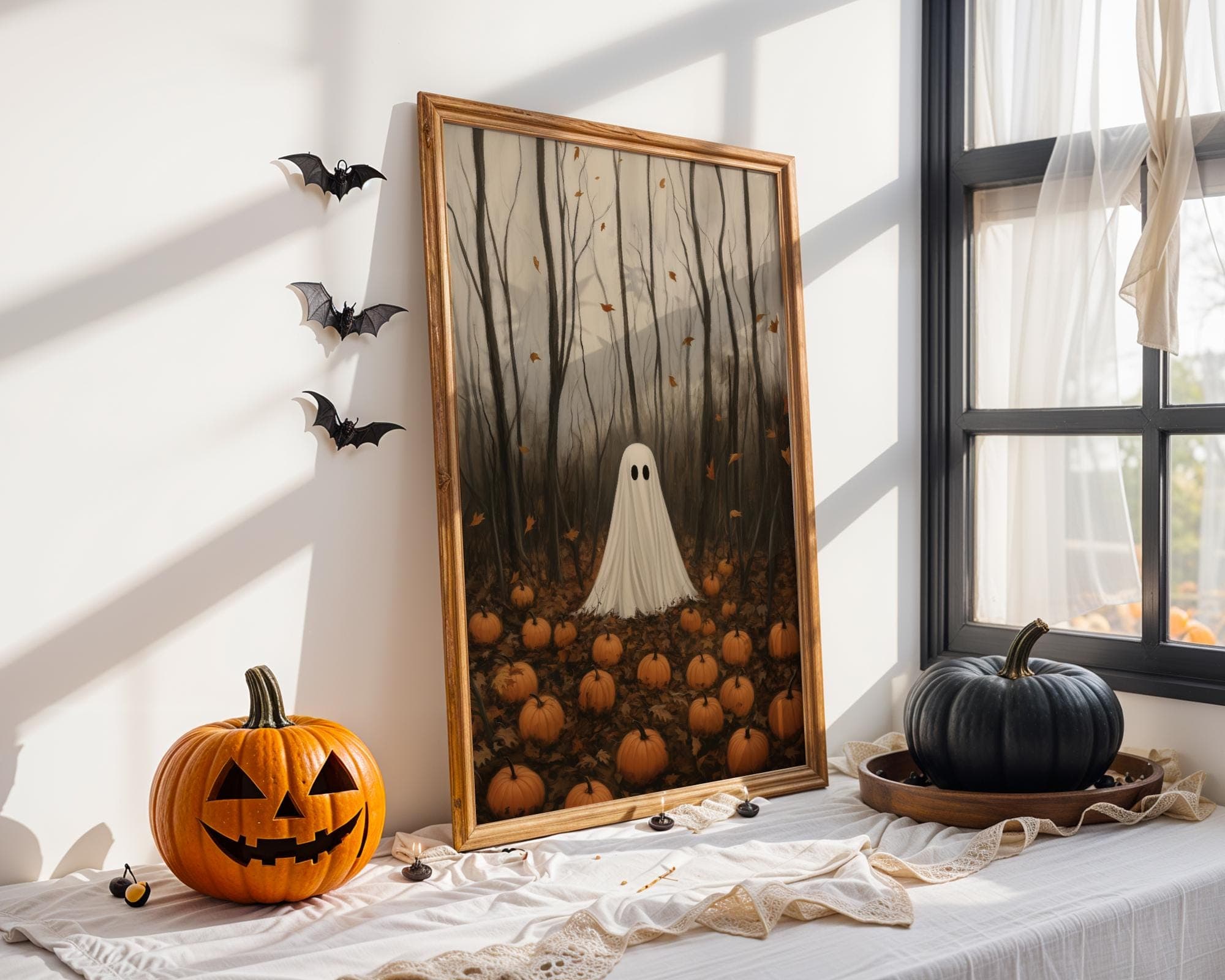 Ghost in the Woods with Pumpkins, Dark Academia, Cottagecore Spooky Decor, Halloween vintage poster, gothic oil painting, haunting ghost - view 5