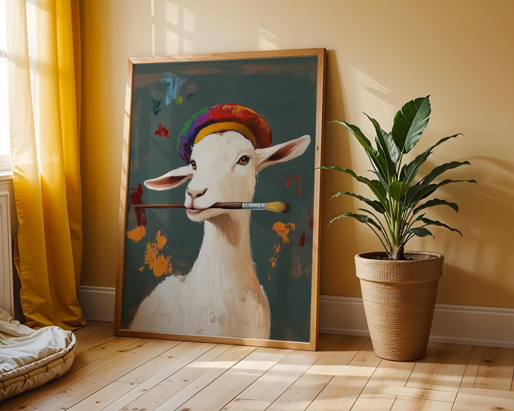 Funny Goat Wall Art, Funny Printable Art for Studio, Painter Goat Decor, Digital Farm Animal Print, Dark Background Farm Decor, Goat Art - view 7