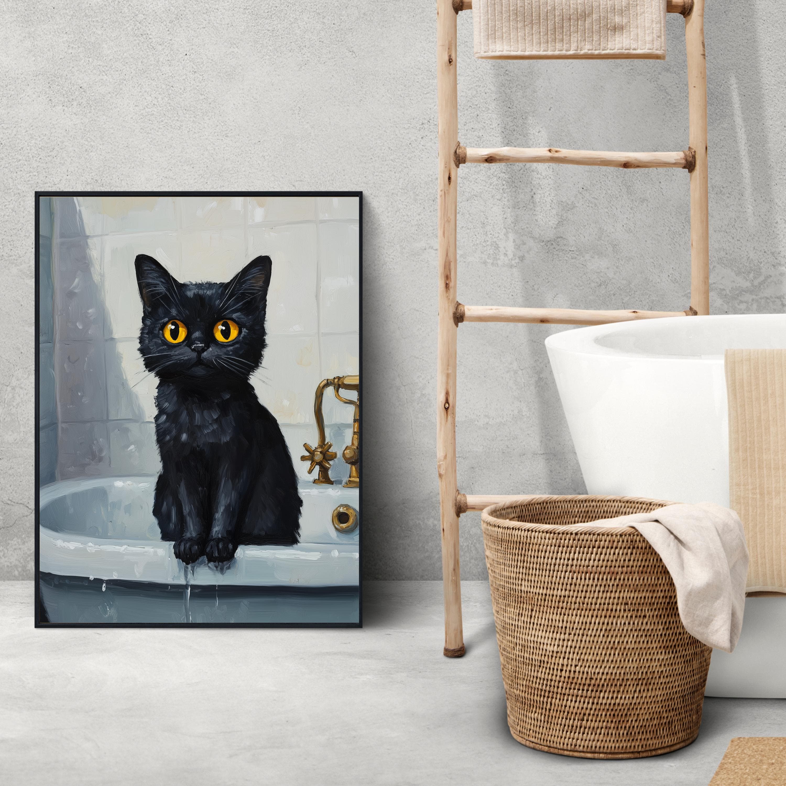 Wet Cat in Bathtub Art - Funny Black Cat Poster, Black Cat in Bathtub Painting, Stylish Cat Bathroom Decor - Moody Black Kitten Art - view 2