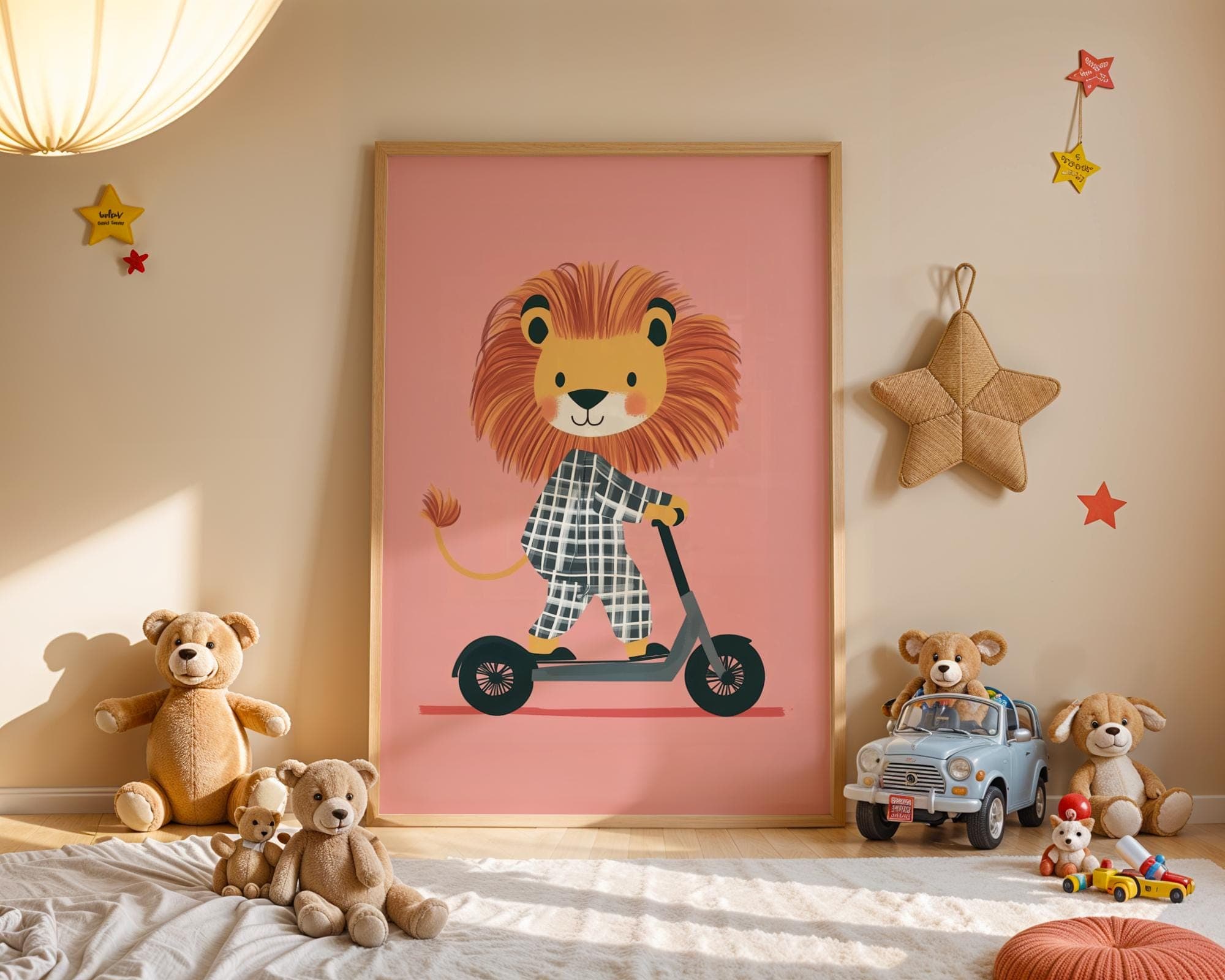 Lion on a Scooter Print, Eclectic Nursery Wall Art, Pink Playroom Boy's Room Prints, Printable Wall Art, Nurserywall Art Playful nursery art - view 5