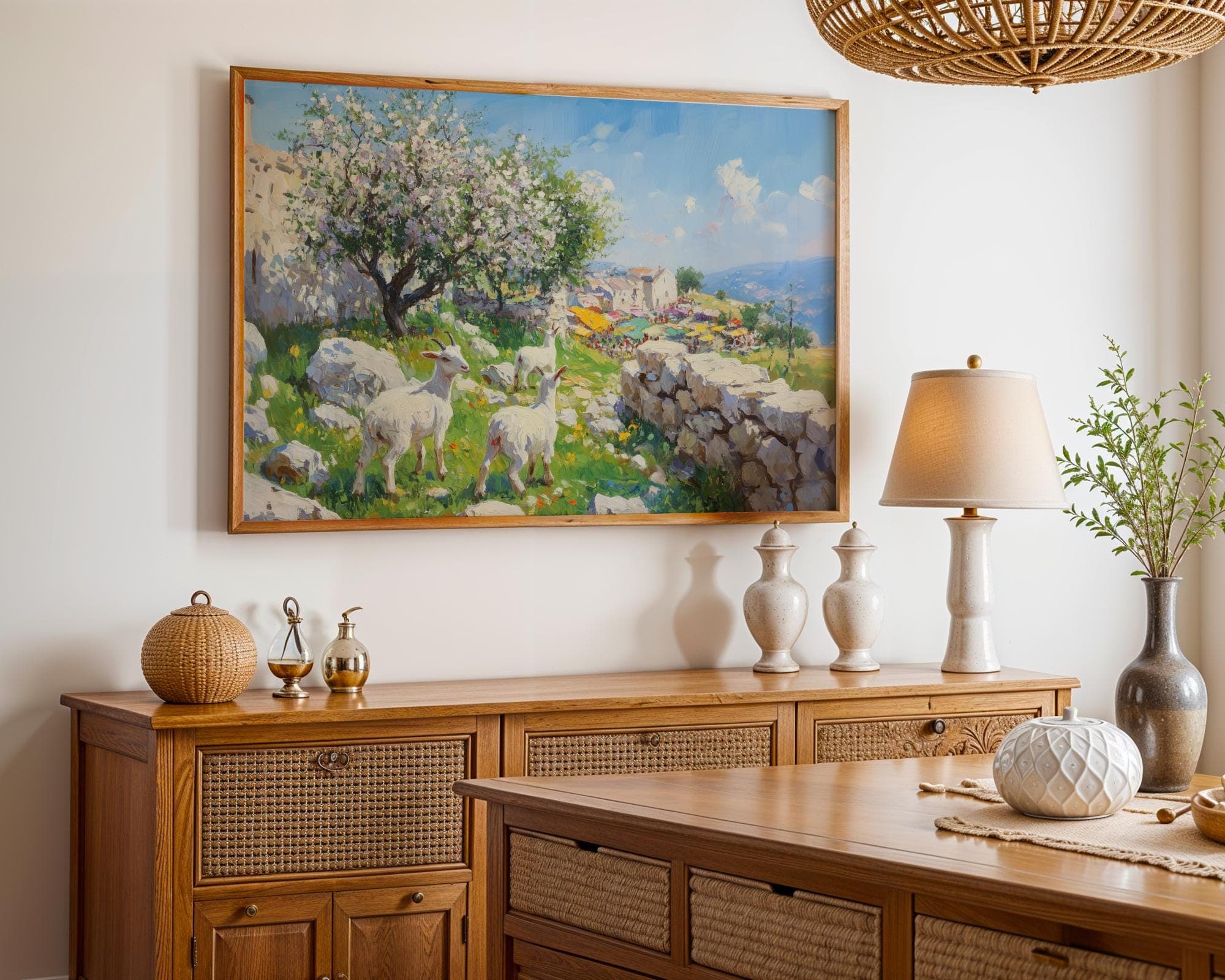 Spring Goat Pasture Wall Art Print, Mediterranean Village Market Landscape Painting, Blooming Tree Countryside Decor, Blooming Orchard Print - view 3