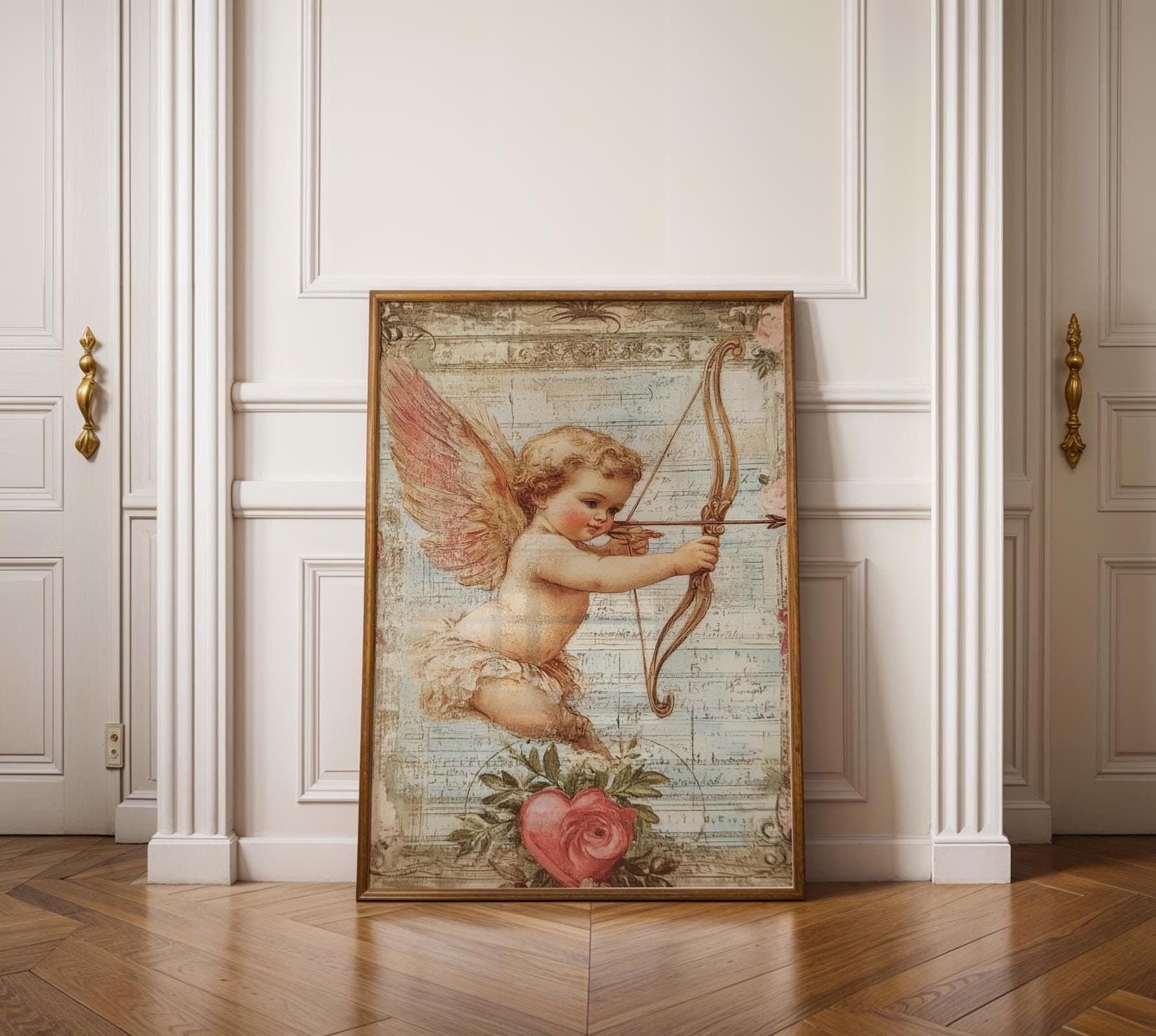 Vintage Cupid Wall Art, Cupid with Bow and Arrow, Romantic Victorian Wall Decor, Rustic Valentine’s Day Decor, Cupid Angel Print, Cupid Art