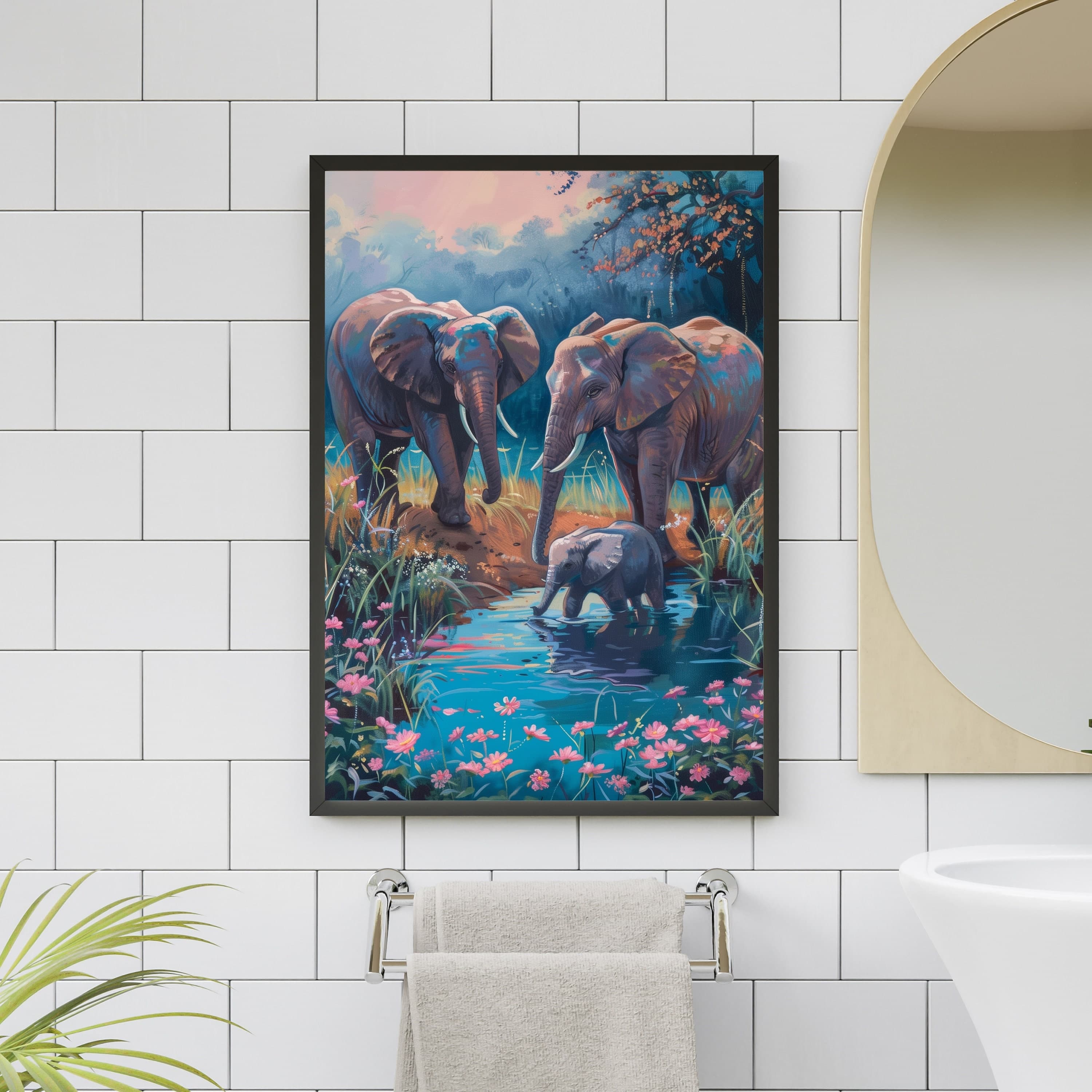 Elephant Family Poster, Oil Painting, Colorful Elephants in Nature Poster, Elephant Family in Nature Oil Painting, Elephants Oil Painting - view 6