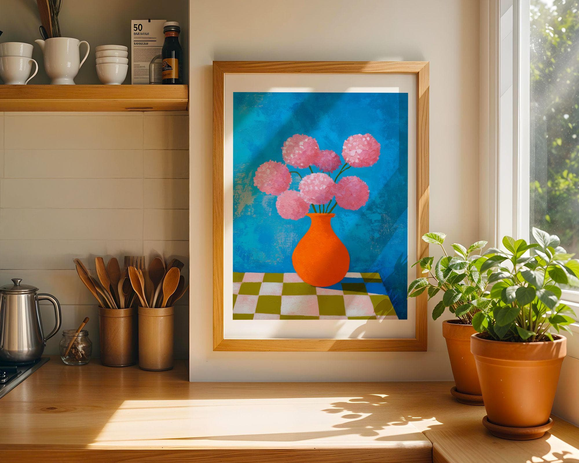Modern Pink Flower Art Print – Bold Orange Vase Wall Decor – Colorful Floral Painting, Abstract Floral Art Print, Colorful Botanical Art - view 5