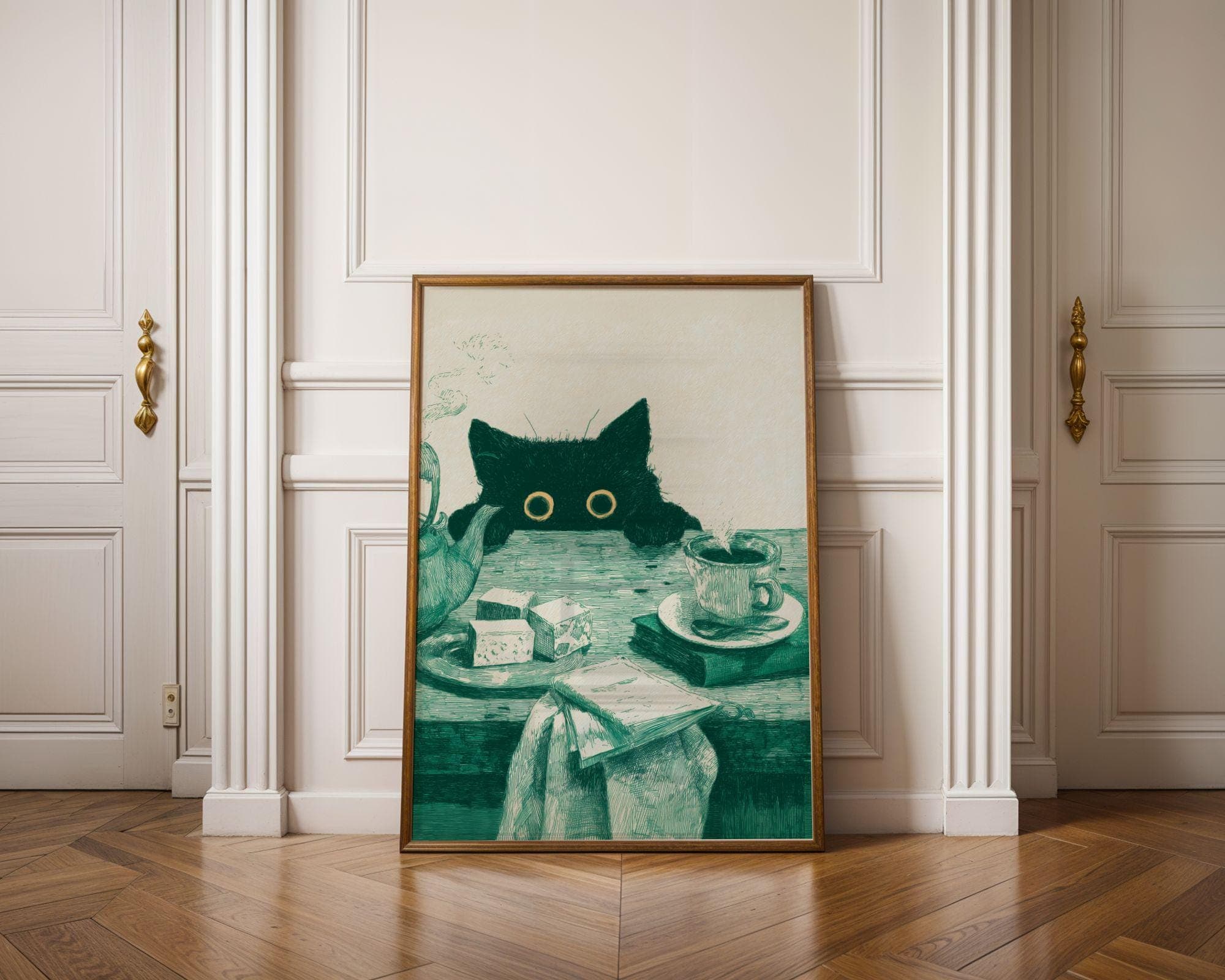 Funny Cat Kitchen Poster, Whimsical Black Cat Poster, Curious Cat Wall Art, Quirky Cat Decor, Vintage Cat Art Print, Emareld Green Wall Art