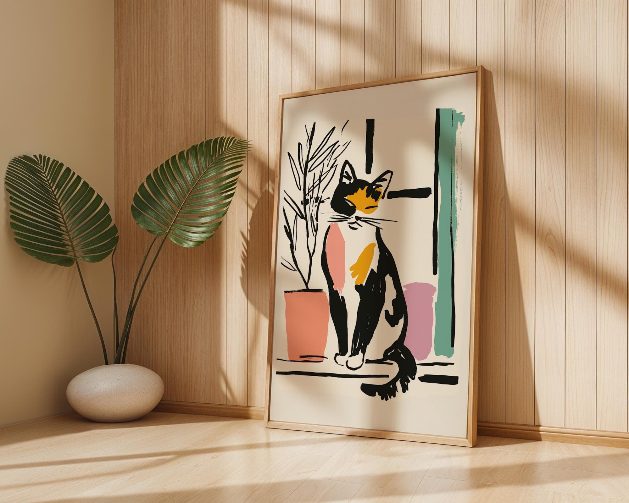 Calico Kitty in Window Art Print, Modern Calico Cat Poster, Line Art Cat Print, Colorful Cat Line Art, Minimal Boho Cat Wall Art, Cat Poster - view 6