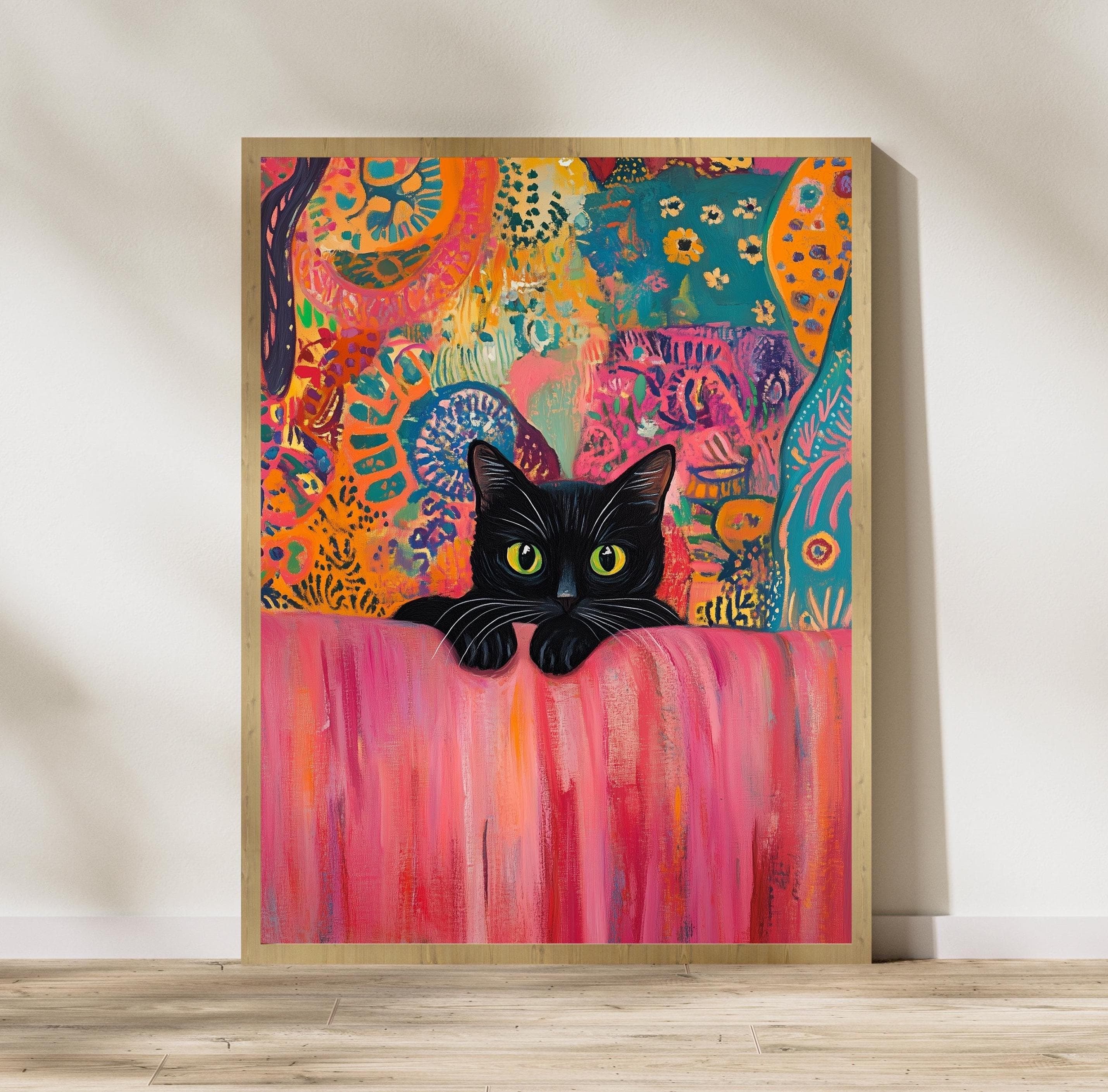 Black Cat Art Print, Pink Couch, Colorful Abstract, Matisse Style (Digital Download)