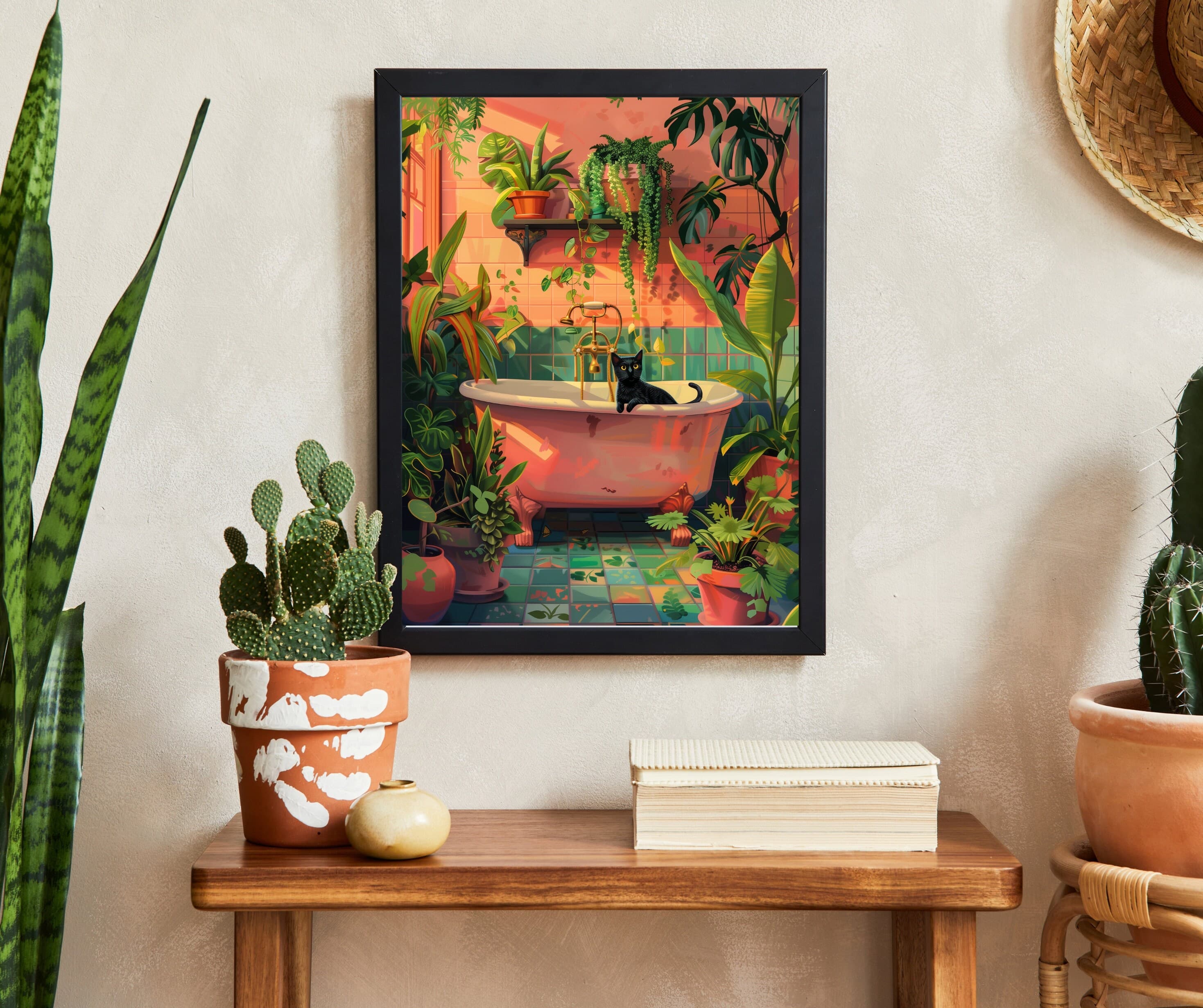 Black Cat in Bathtub Art Print, Tropical Bathroom Decor (Digital Download) - view 7