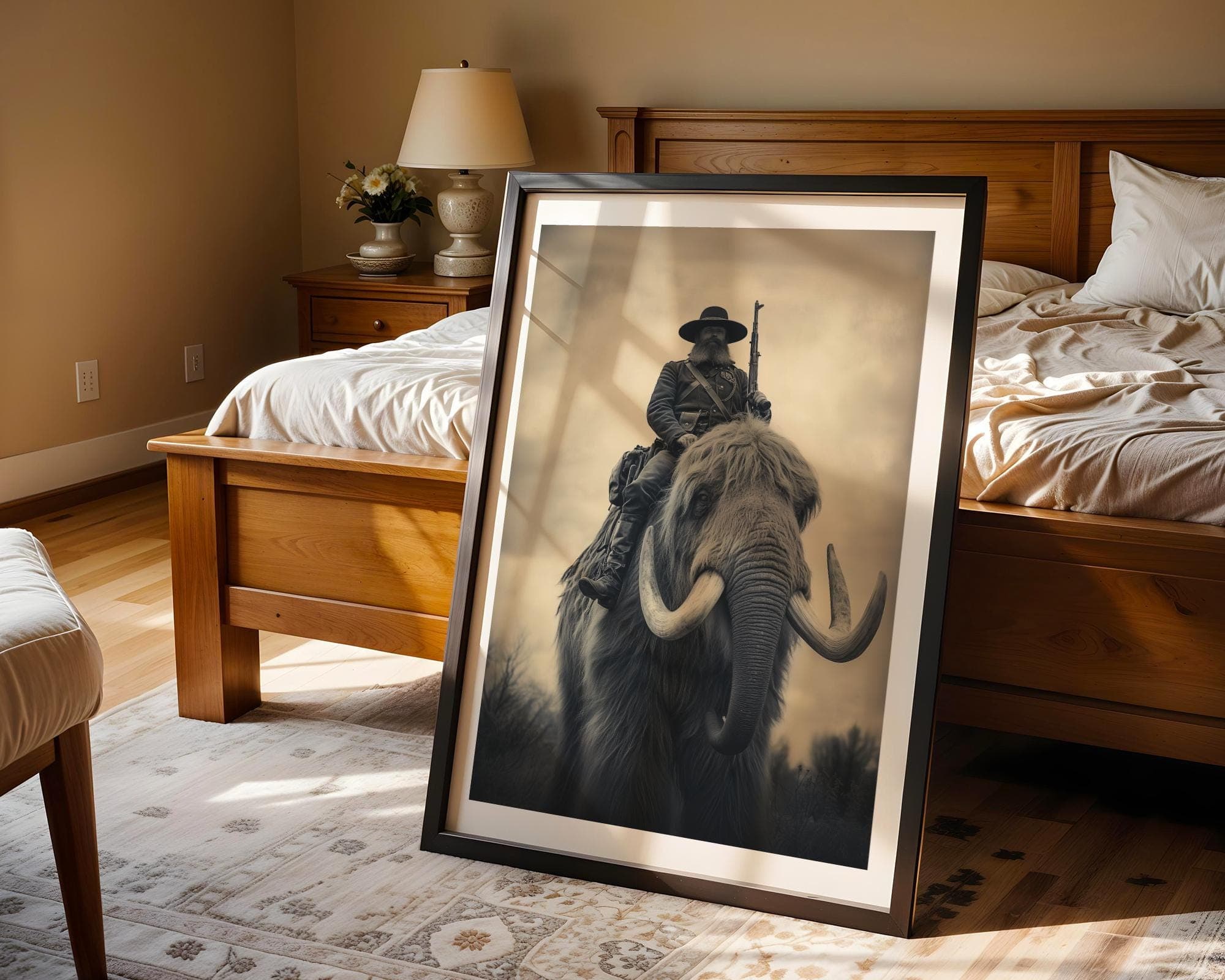 Cowboy Riding Mammoth Sepia Fantasy Art Print, Prehistoric Fantasy Western Print, Surreal Western Art Poster, Monochrome Fantasy Print - view 4