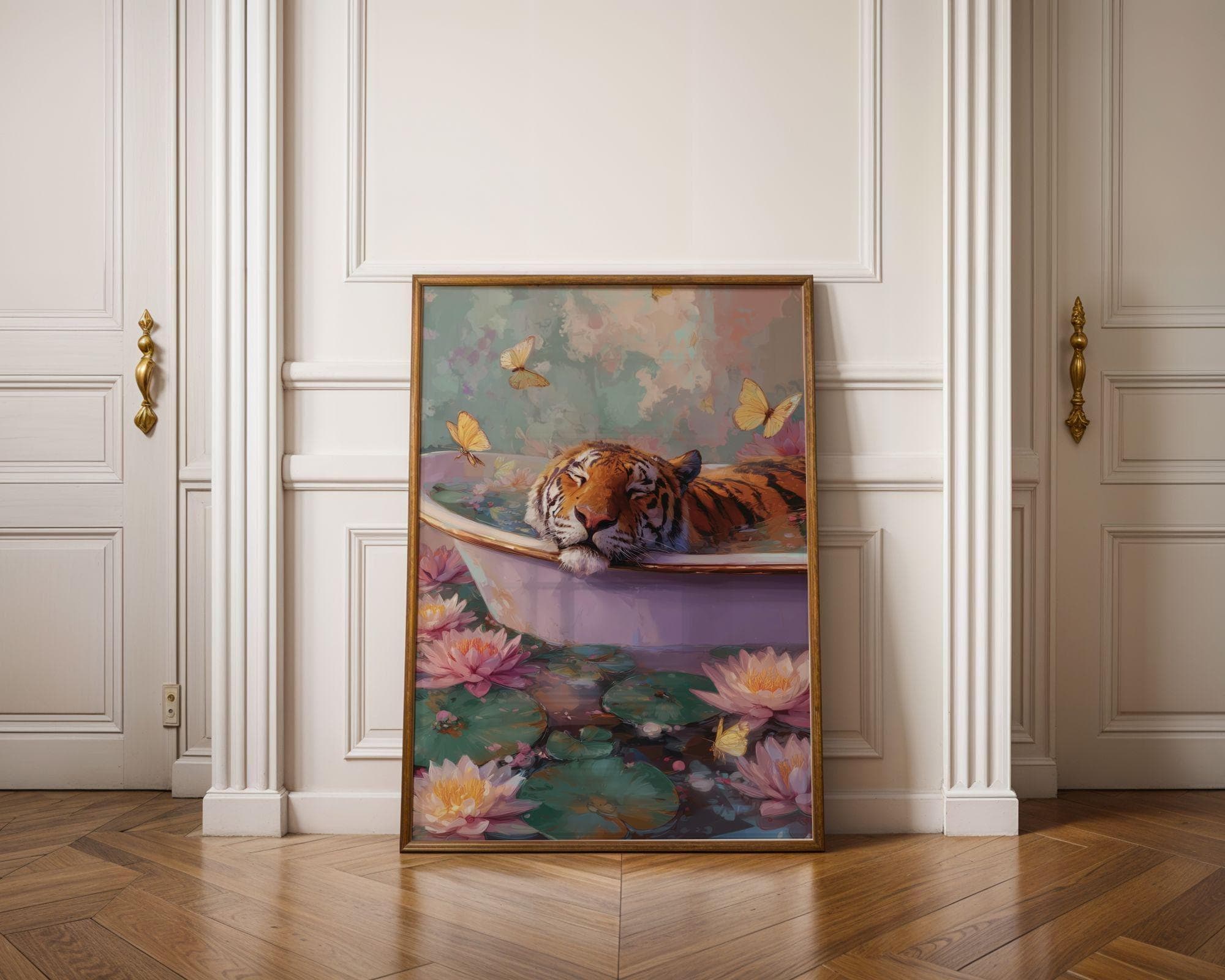 Tiger in Bathtub Wall Art, Trendy Tiger Wall Art, Maximalist Poster, Eclectic Prints, Whimsical Animal Wall Print, Botanical Animal Art