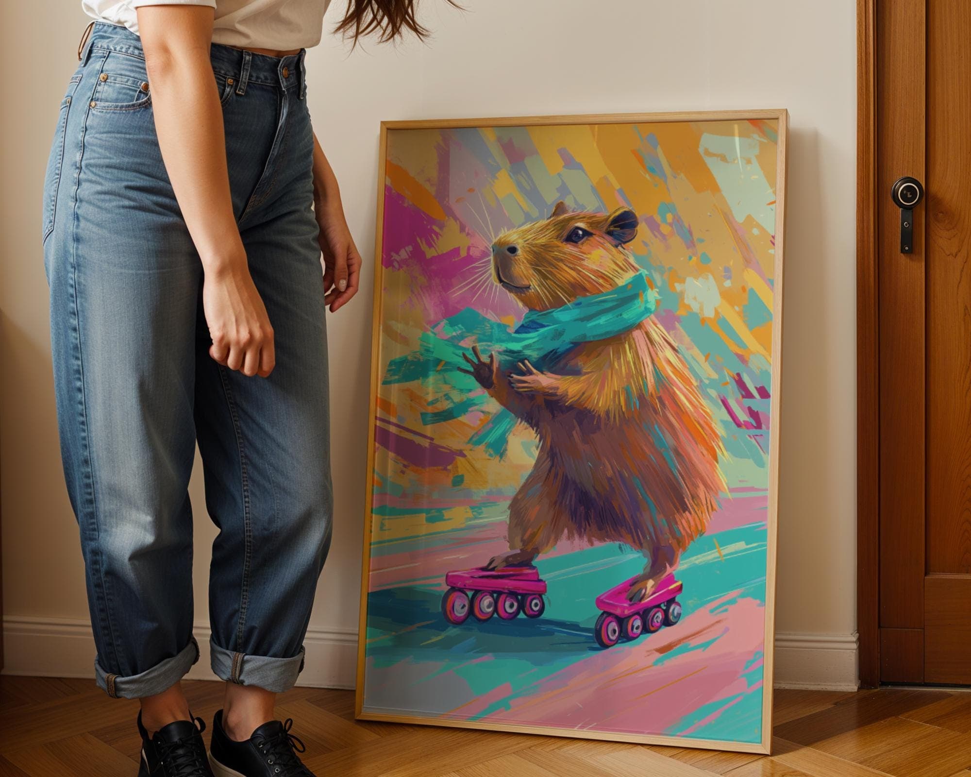 Colorful Capybara Roller Skating Wall Art, Quirky Animal Poster, Digital Download, Capybara Skater Painting, Funky Roller Skating Poster - view 6