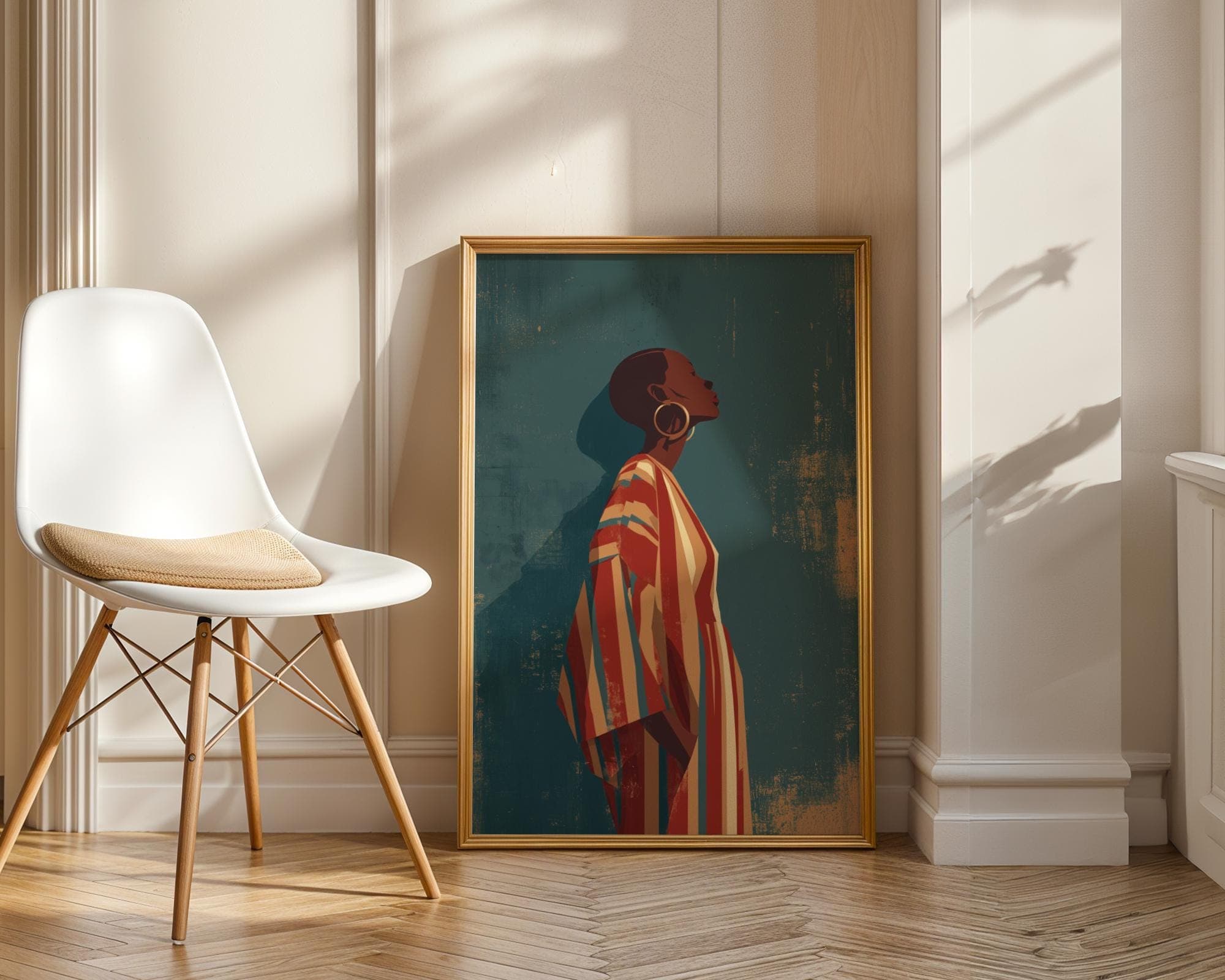 Modern African Woman Wall Art | Bold Striped Dress Illustration | Contemporary Ethnic Home Decor, Chic Minimalist Wall Art, Ethnic Wall Art - view 4