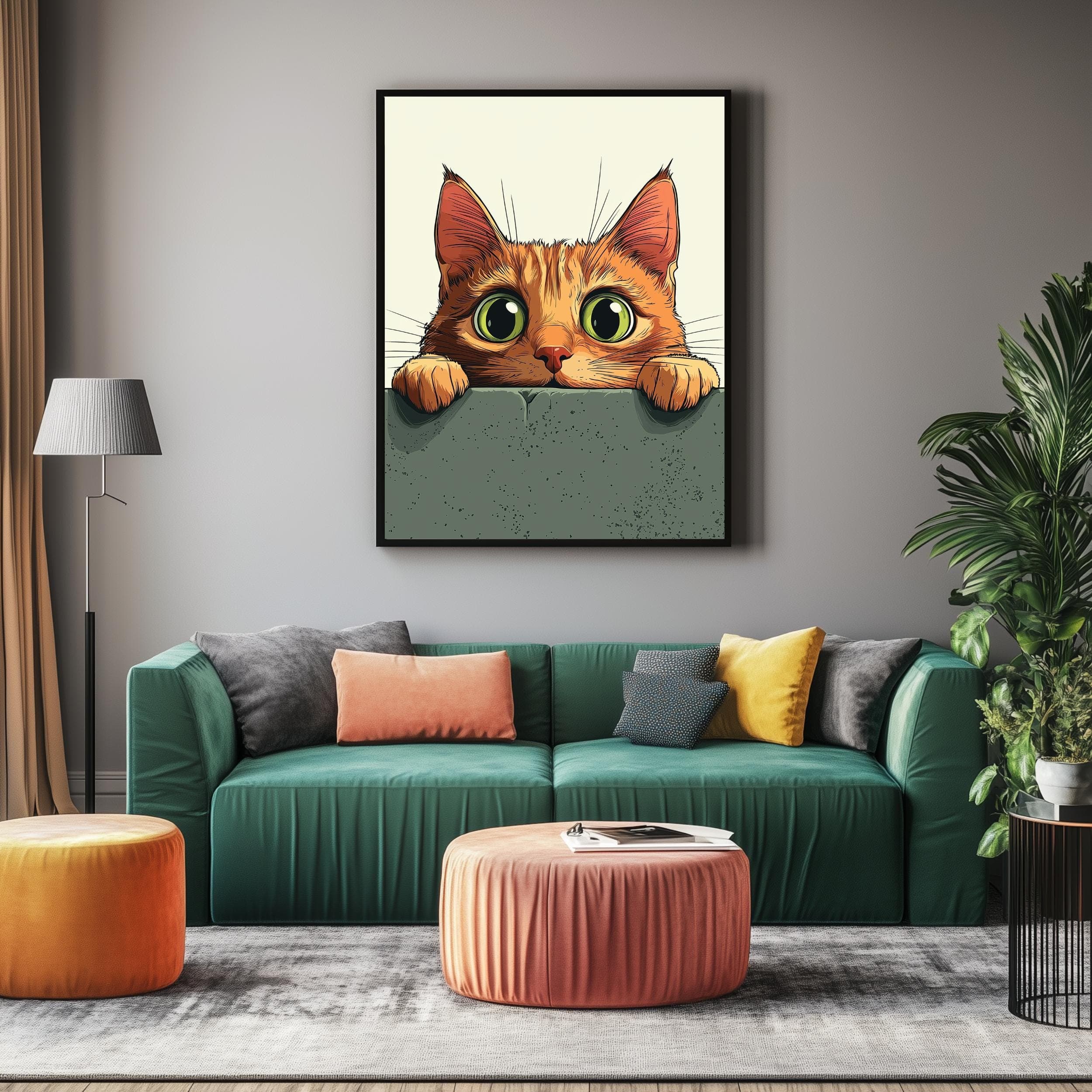 Whimsical Cat Peeking Art Print, Colorful Digital Wall Decor, Cute Cat Peeking Wall Art,  Playful Wall Decor for Kids' Room, Ginger Cat Art - view 4