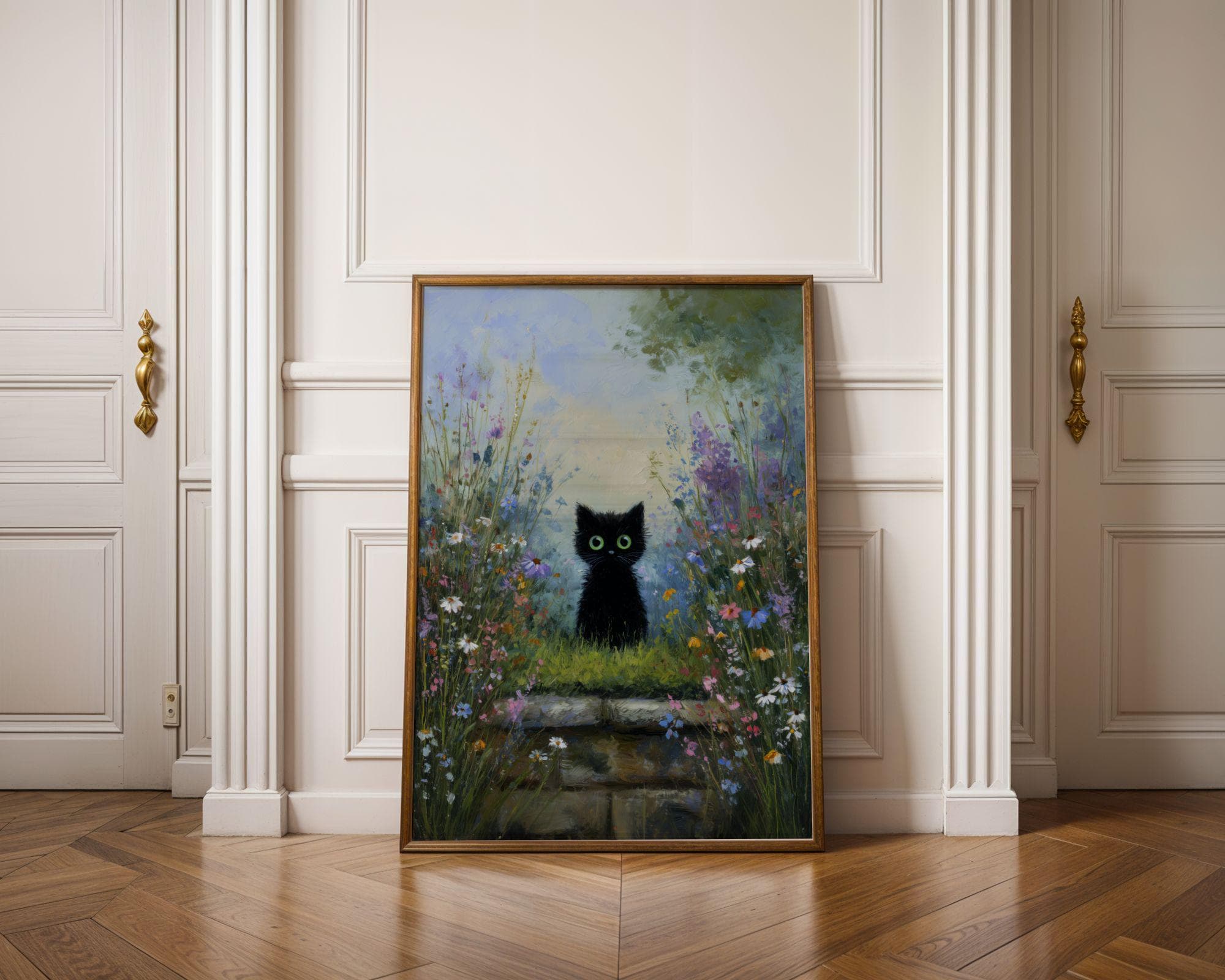 Black Cat in Wildflower Garden Wall Art, Whimsical Black Cat Poster, OilPaint Print, Colorful Floral Decor, Black Cat Aesthetic,Charming Cat