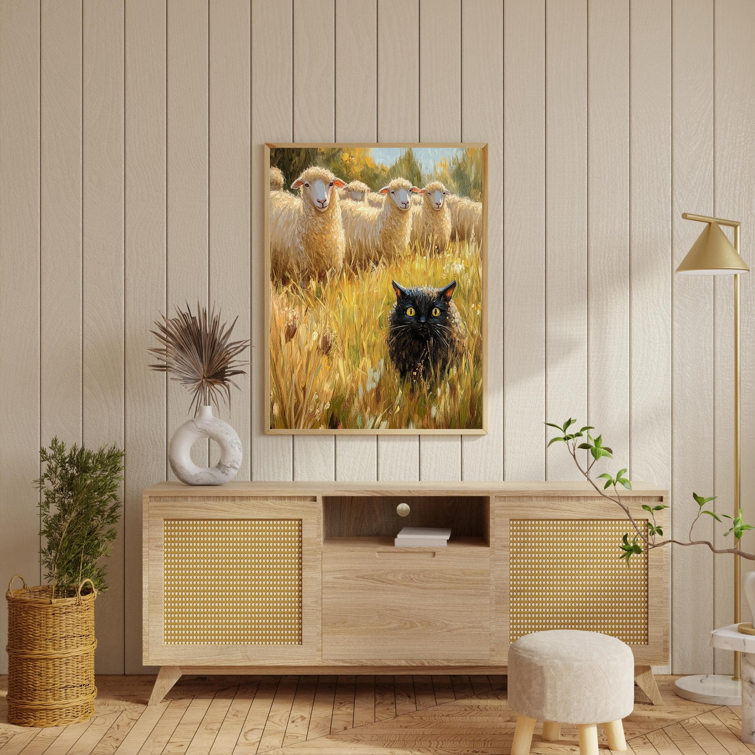 Funny Black Cat with Sheep – Whimsical Farm Wall Art, Rustic Farmhouse Art, Funny Wall Decor, Funny Black Cat Wall Poster, Quirky Black Cat - view 5