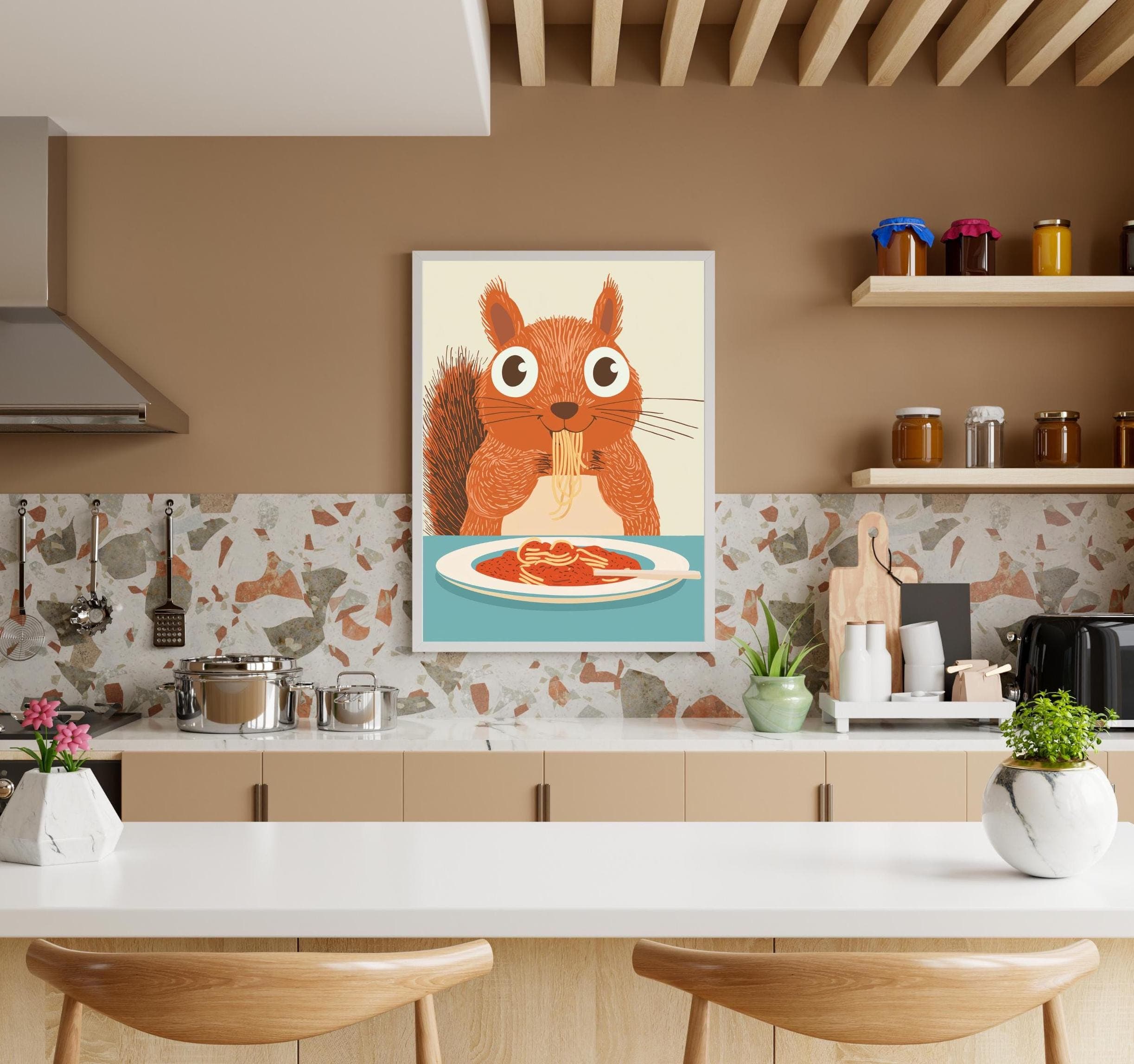 Squirrel Spaghetti Art Print,Whimsical Squirrel Kitchen Decor, Squirrel Pasta Print,Charming Squirrel Kitchen Print, Maximalist Squirrel Art - view 5